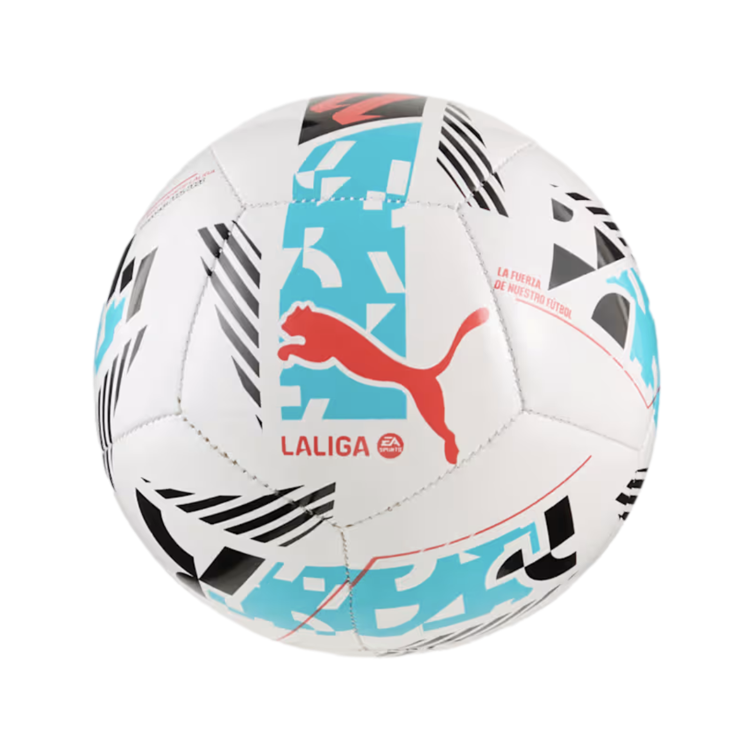 White Puma soccer ball with LALIGA EA SPORTS branding, featuring a red leaping cat logo and colorful geometric patterns.