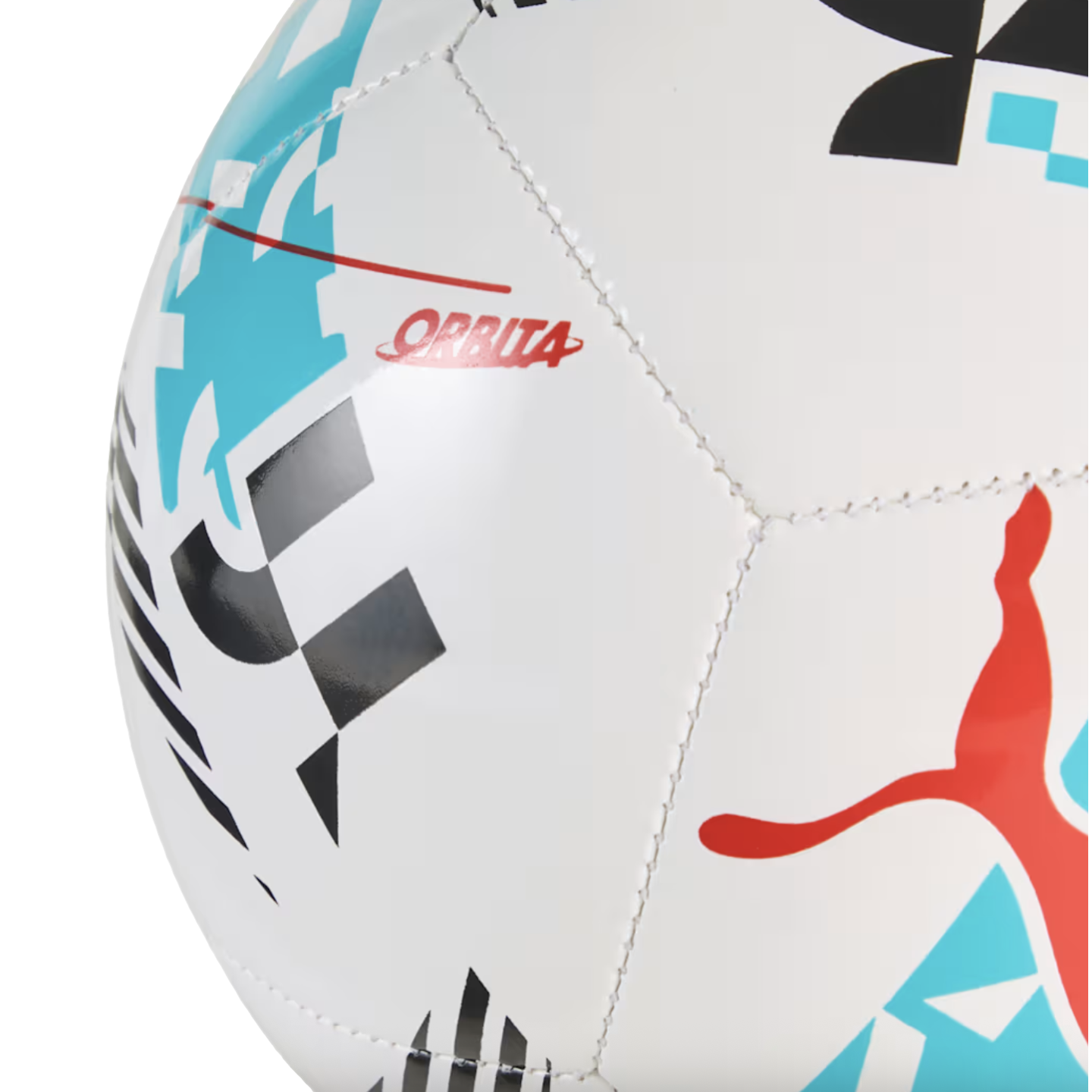 Close-up of a white Puma Orbita soccer ball with black and light blue geometric designs and red accents.