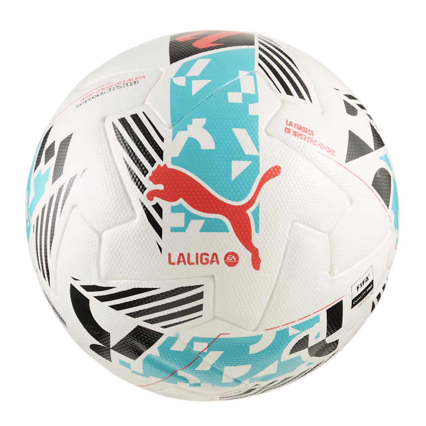 Official Puma LALIGA soccer ball for the 2024/2025 season. It features a white base with cyan and black geometric patterns, a red jumping cat logo, and EA Sports LALIGA branding.