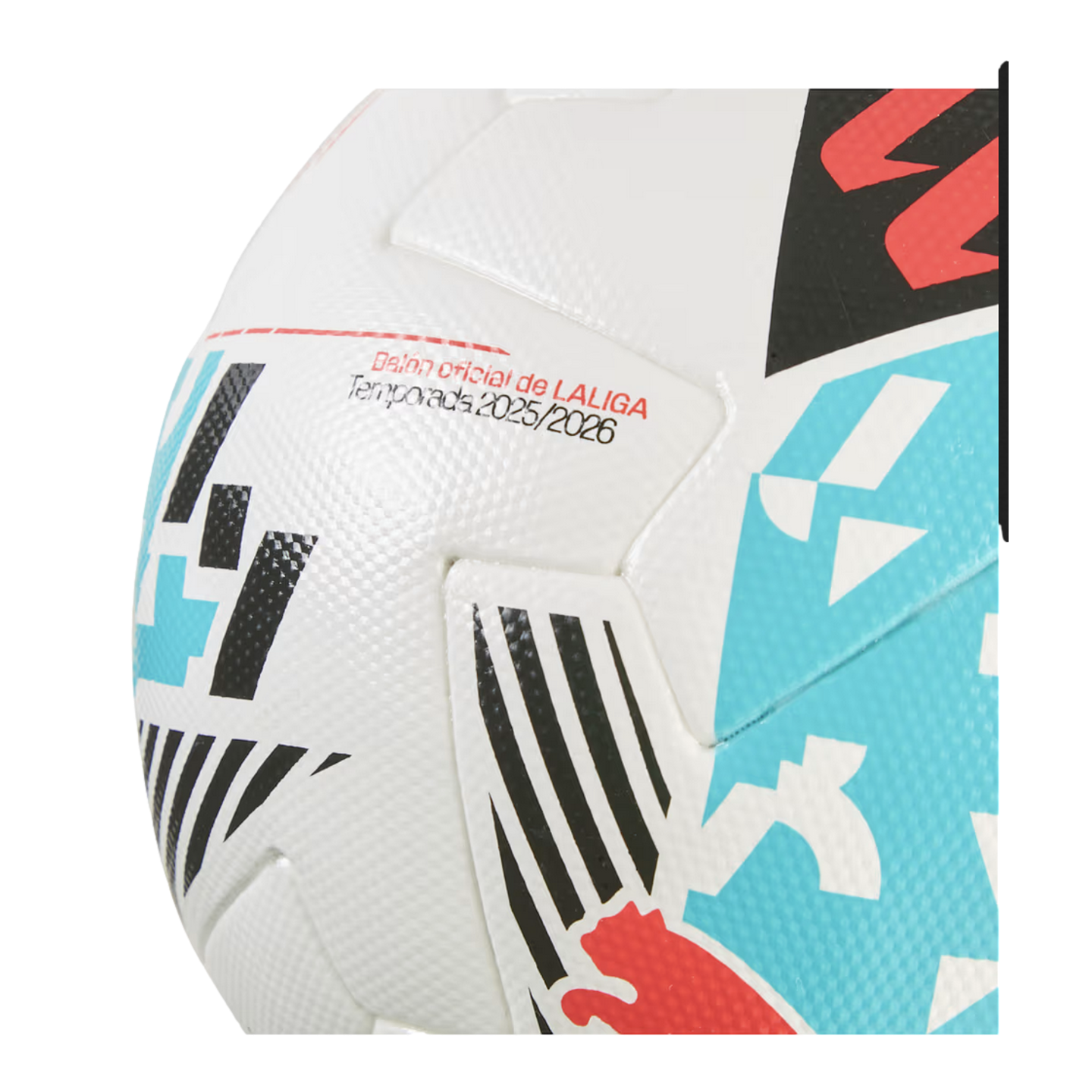 Close-up of the official Puma La Liga soccer ball for the 2025/2026 season, featuring white panels with cyan, black, and red geometric patterns.