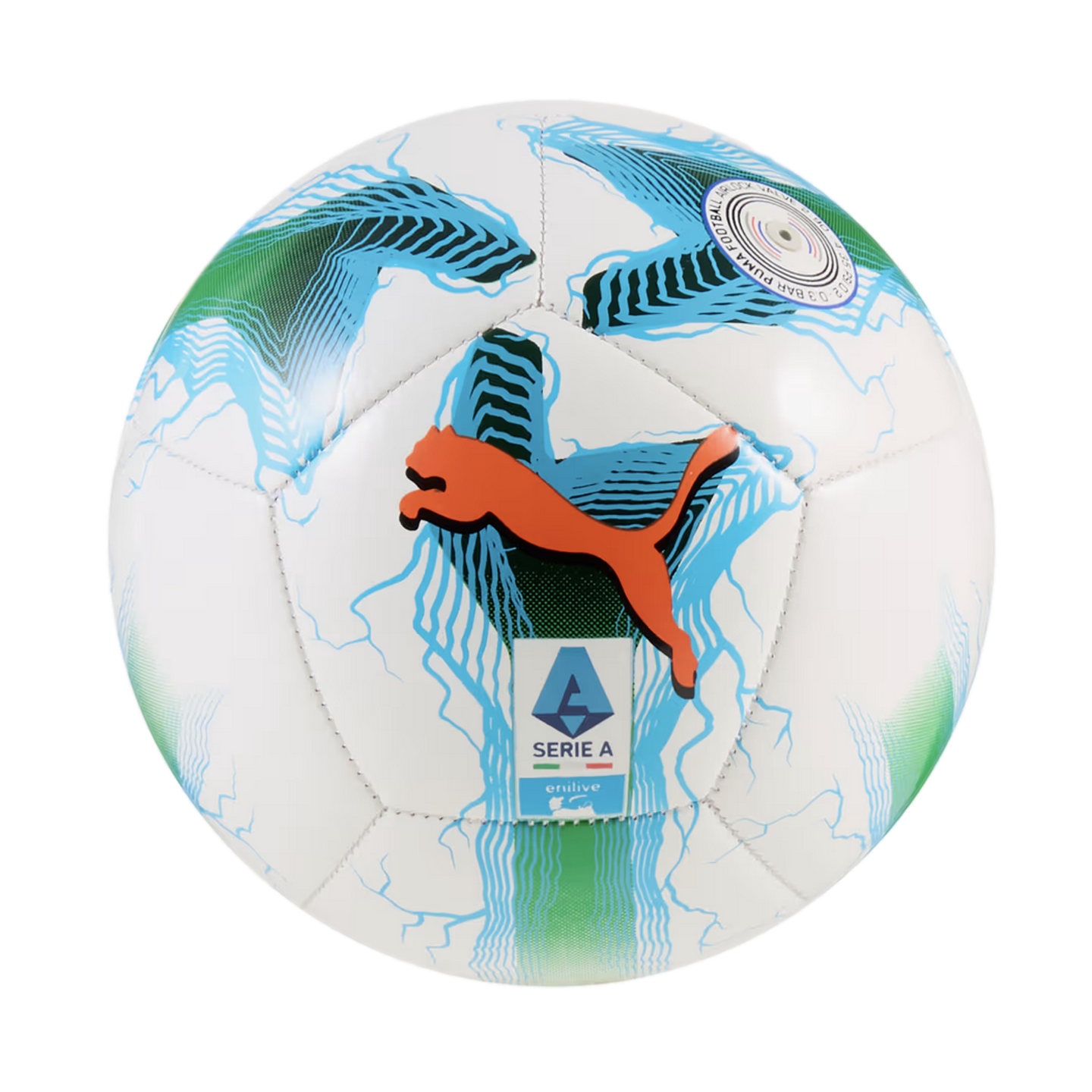 White Puma soccer ball with blue and green abstract graphics, an orange jumping cat logo, and the Serie A league badge.