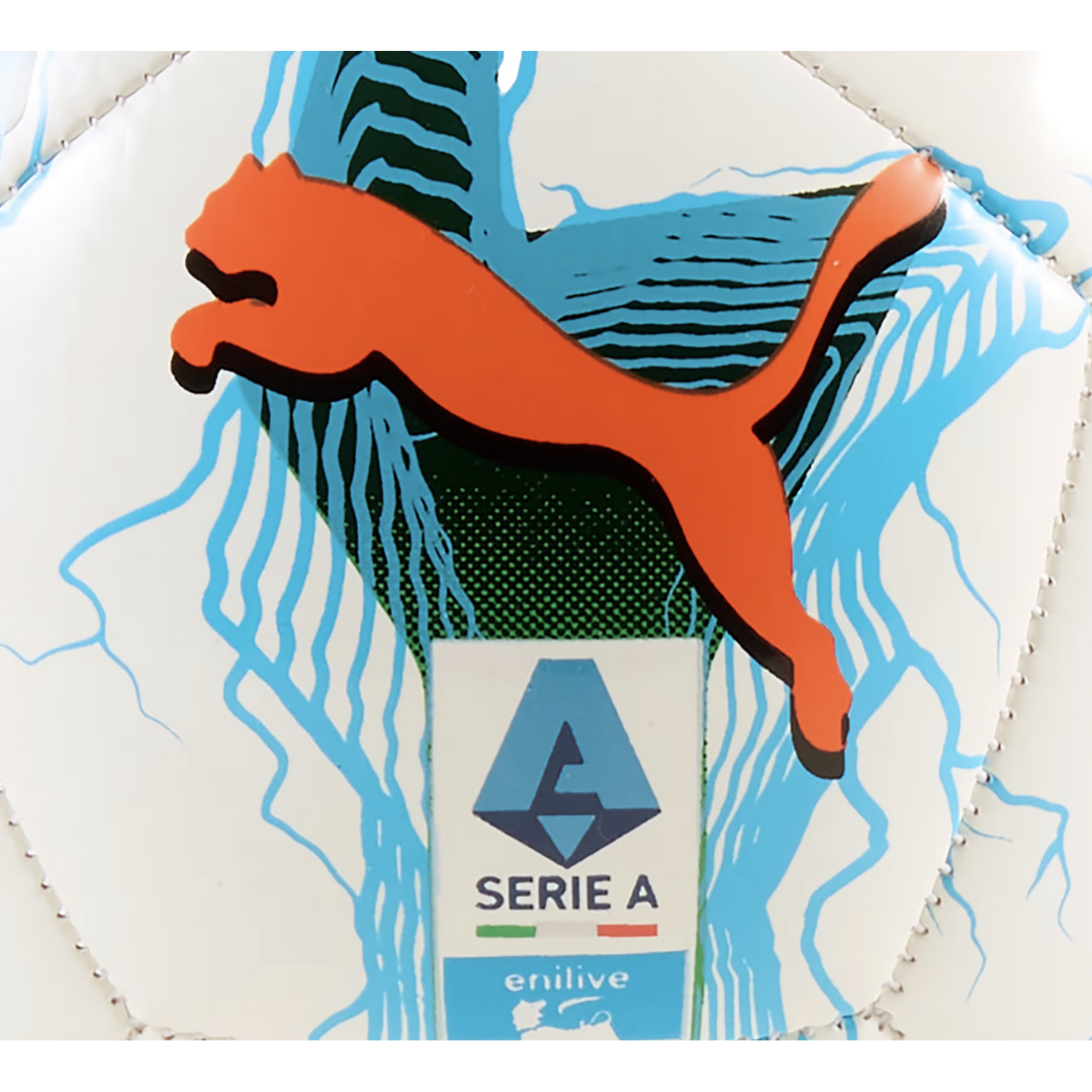 Close-up of a white soccer ball with an orange Puma logo, the Serie A Enilive badge, and blue and green graphic patterns.