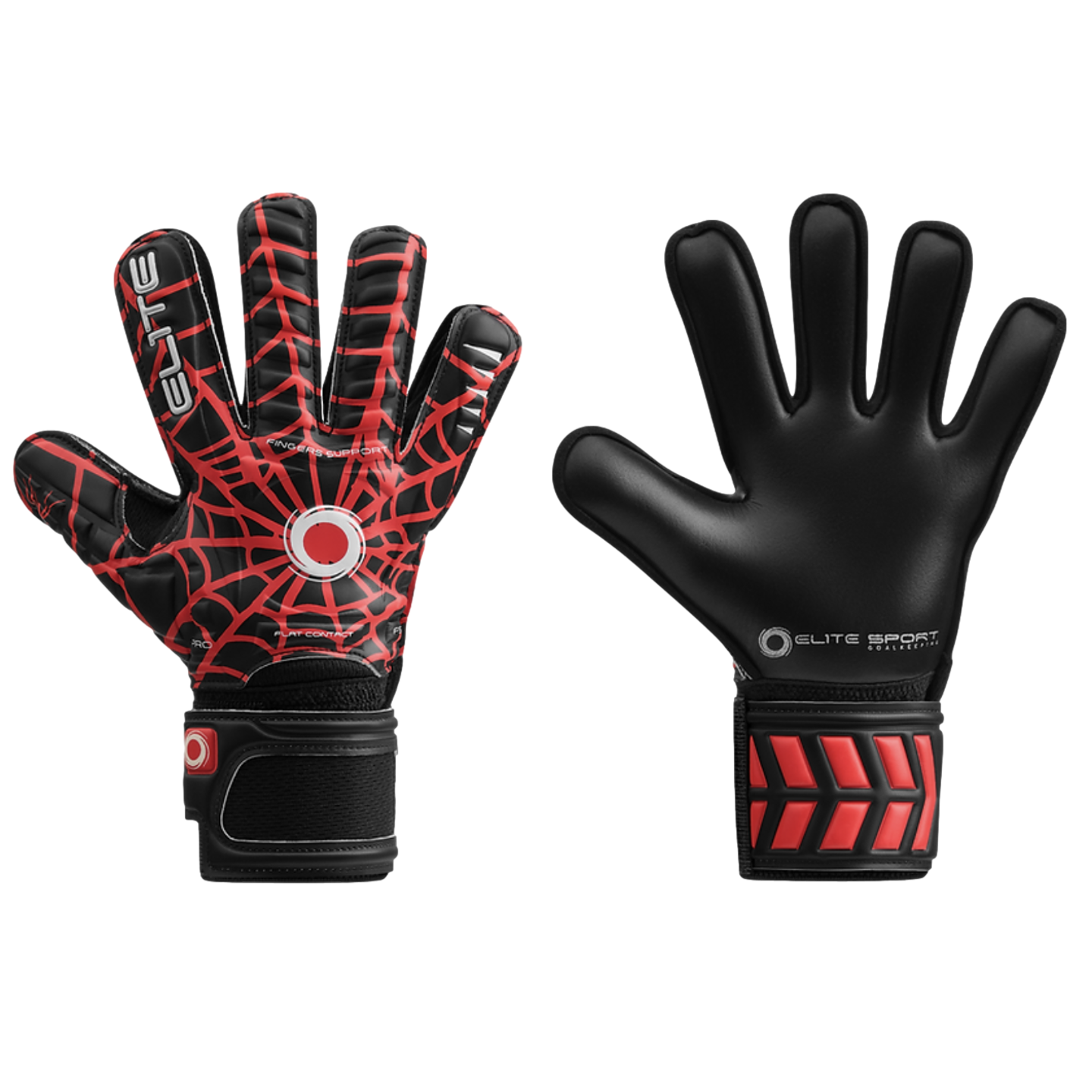Backhand and palm views of black goalkeeper gloves. The backhand has a red spiderweb pattern, and the palm is solid black. Both feature black wrist straps with red accents.