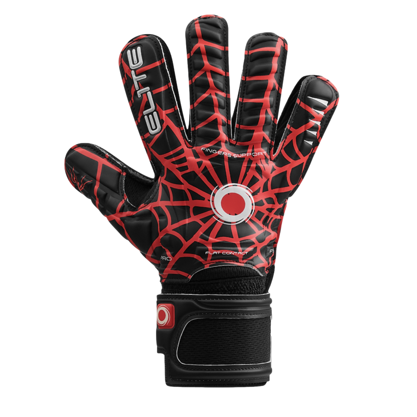 Goalkeeper glove with a black base and a red spiderweb pattern on the backhand. Features "ELITE" branding and a central circular logo.