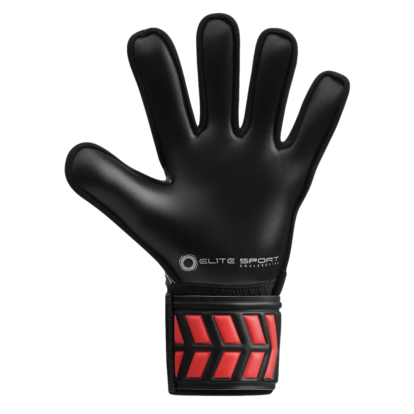 Black soccer goalkeeper glove with the Elite Sport logo and a red-accented wrist strap, set against a black background.