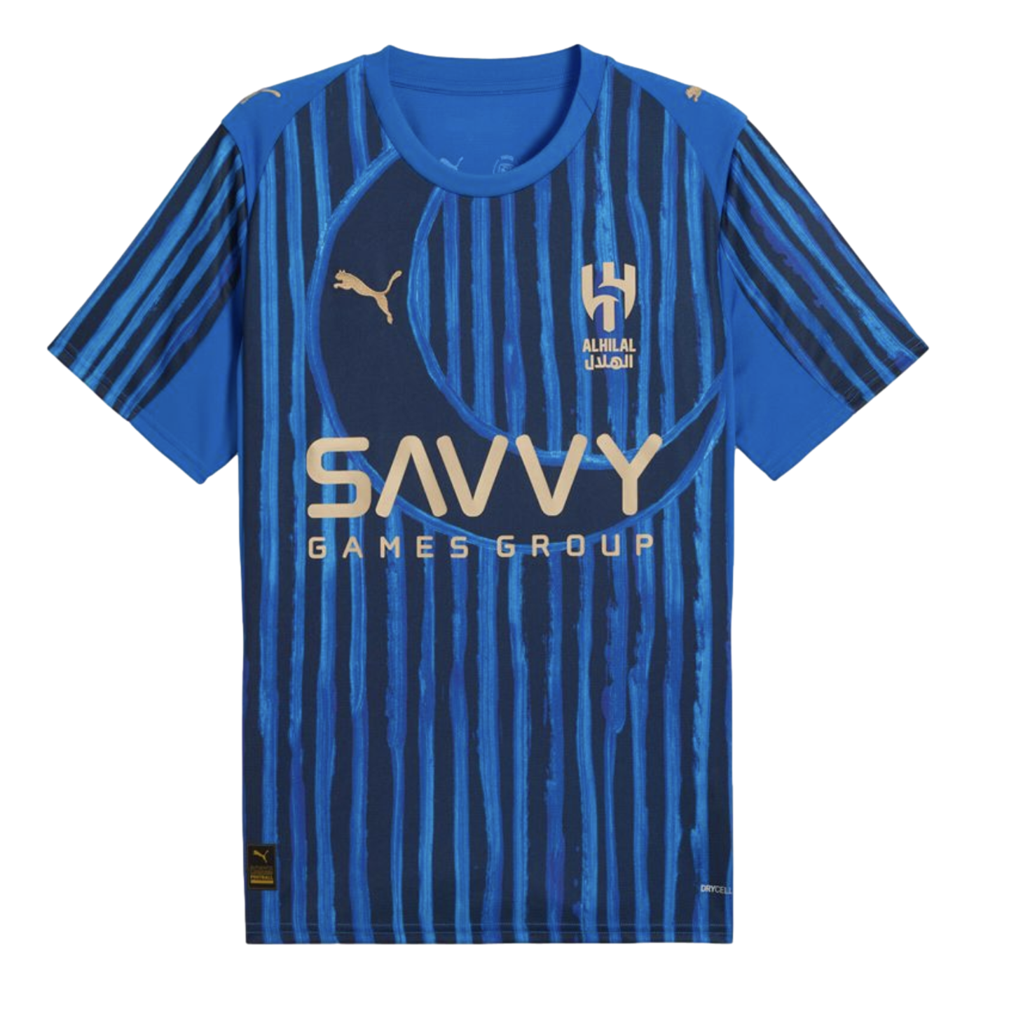 A blue Al-Hilal football jersey by Puma with vertical stripes, a large crescent motif, and the Savvy Games Group sponsor logo in gold.