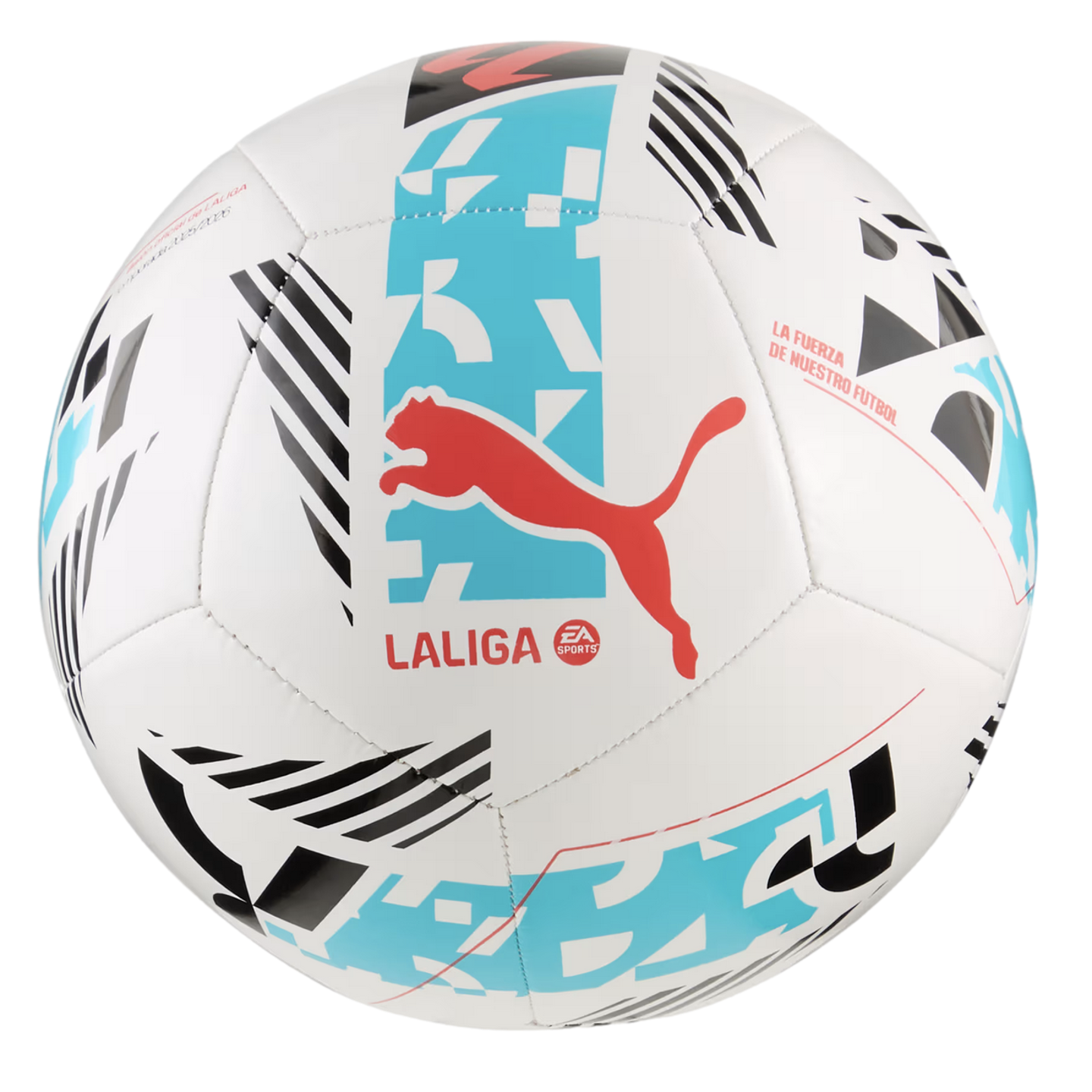 White Puma LaLiga soccer ball with a red leaping cat logo, teal and black geometric patterns, and EA Sports branding.