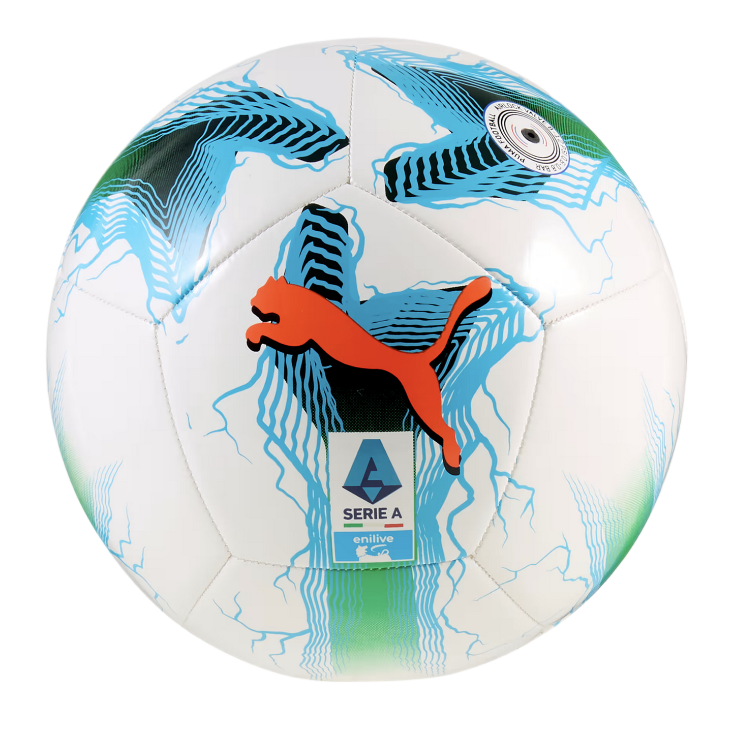White Puma Serie A soccer ball featuring blue and green abstract graphics and a bright orange Puma logo.