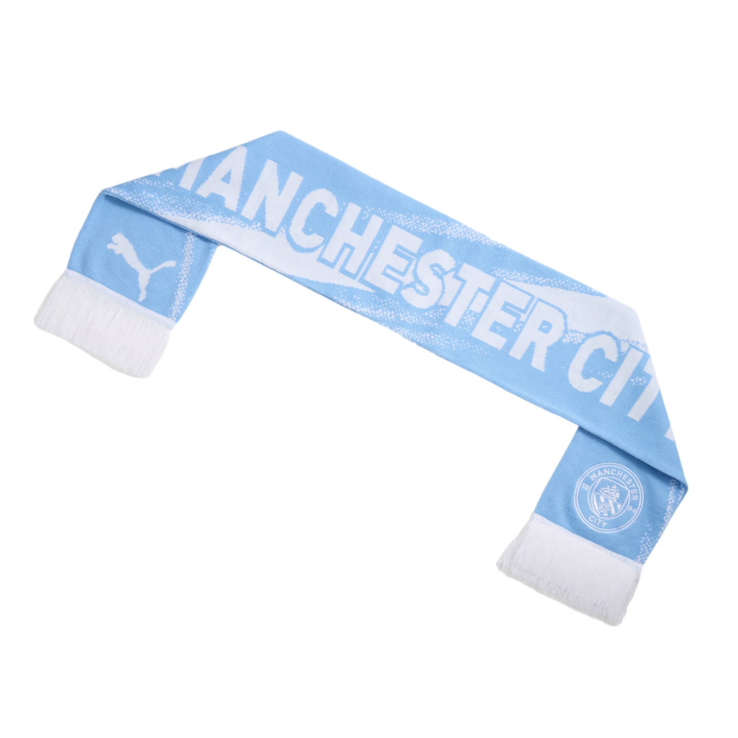 Light blue and white Manchester City football scarf with club crest, Puma logo, and white tassels, against a black background.
