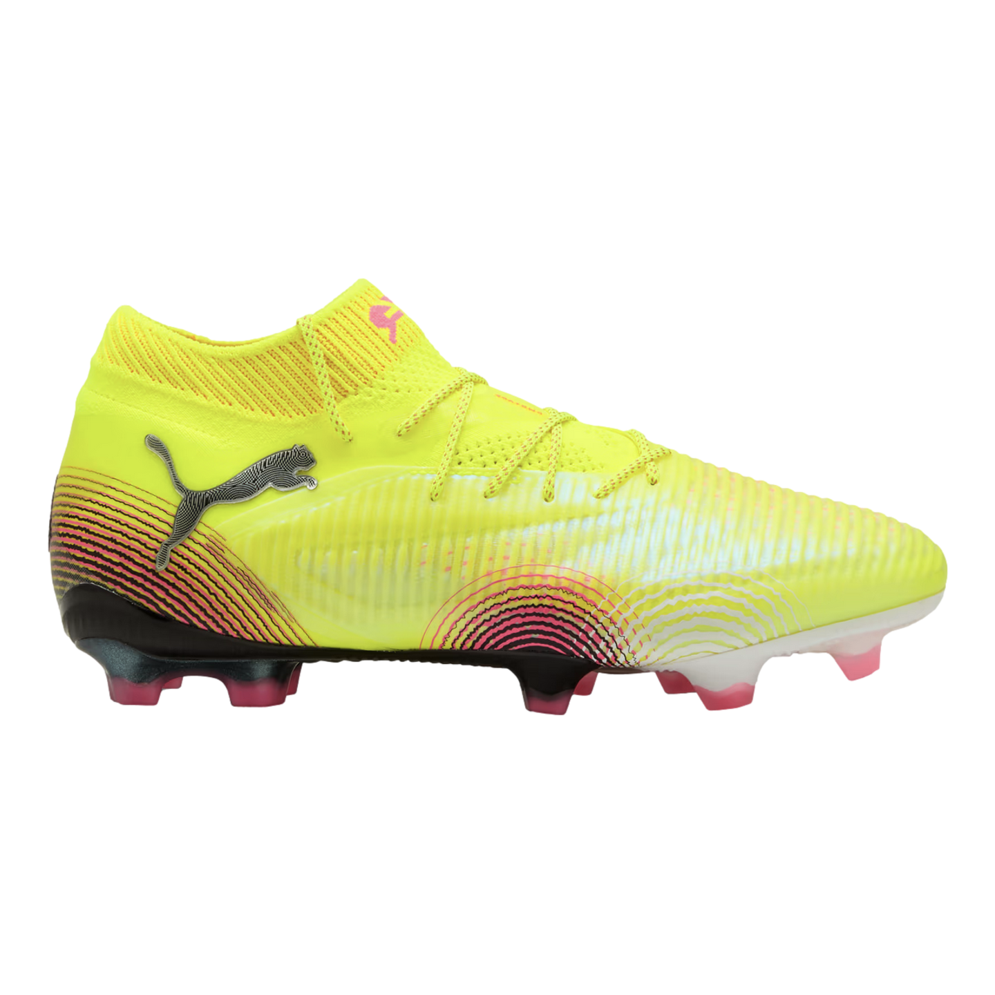 Bright yellow Puma soccer cleat with a textured upper, pink and black wave patterns, and pink studs.