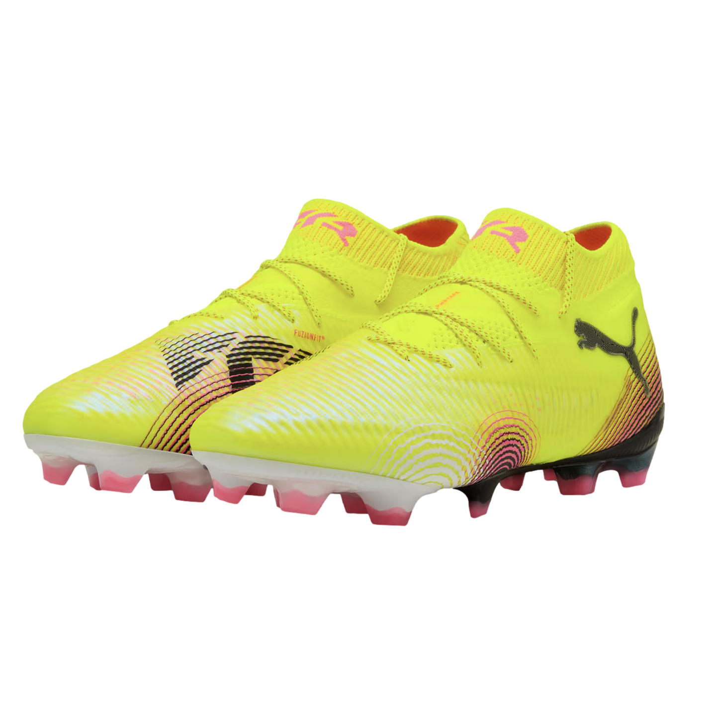Pair of neon yellow Puma soccer cleats featuring pink and black details, a textured upper, and white soleplates with pink-tipped studs.