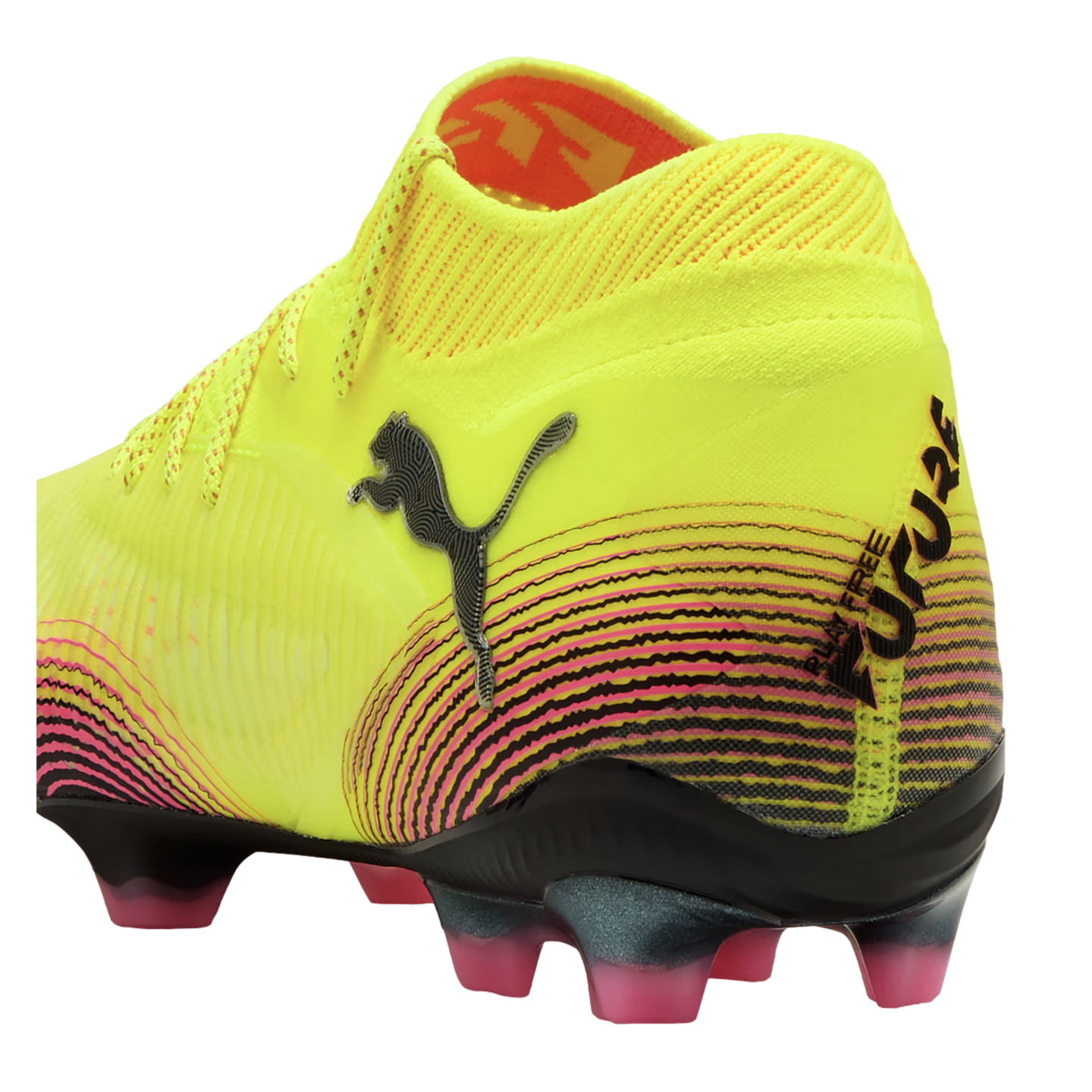 A bright yellow high-top Puma Future soccer boot featuring a silver cat logo, black and pink heel patterns, and pink studs on a black sole.