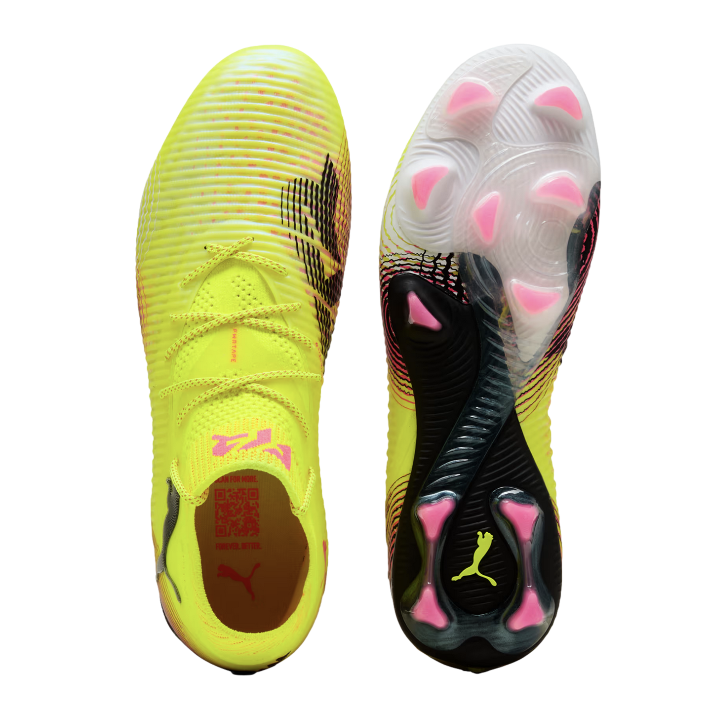Top and bottom views of neon yellow Puma soccer cleats featuring pink studs and black accents, set against a black background.