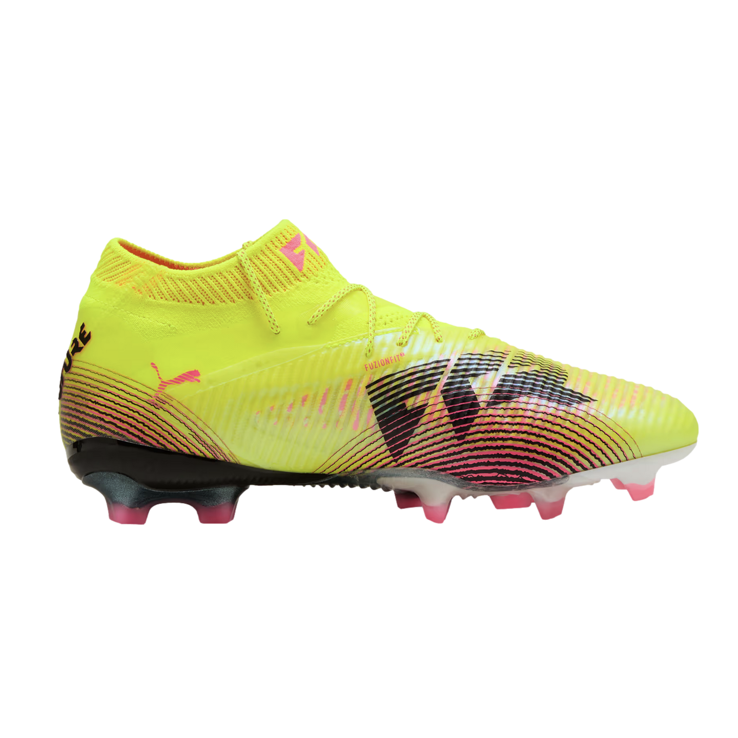 A neon yellow Puma soccer cleat with pink and black graphic accents, featuring a knit collar and pink studs on a black background.