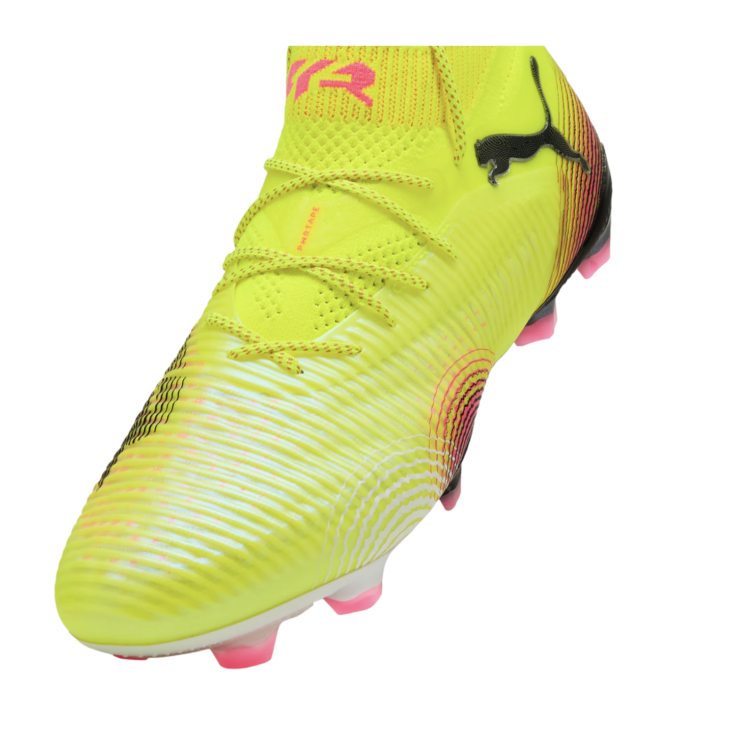 Bright yellow Puma soccer cleat with pink accents and a black logo, shown from an angled front view against a black background.