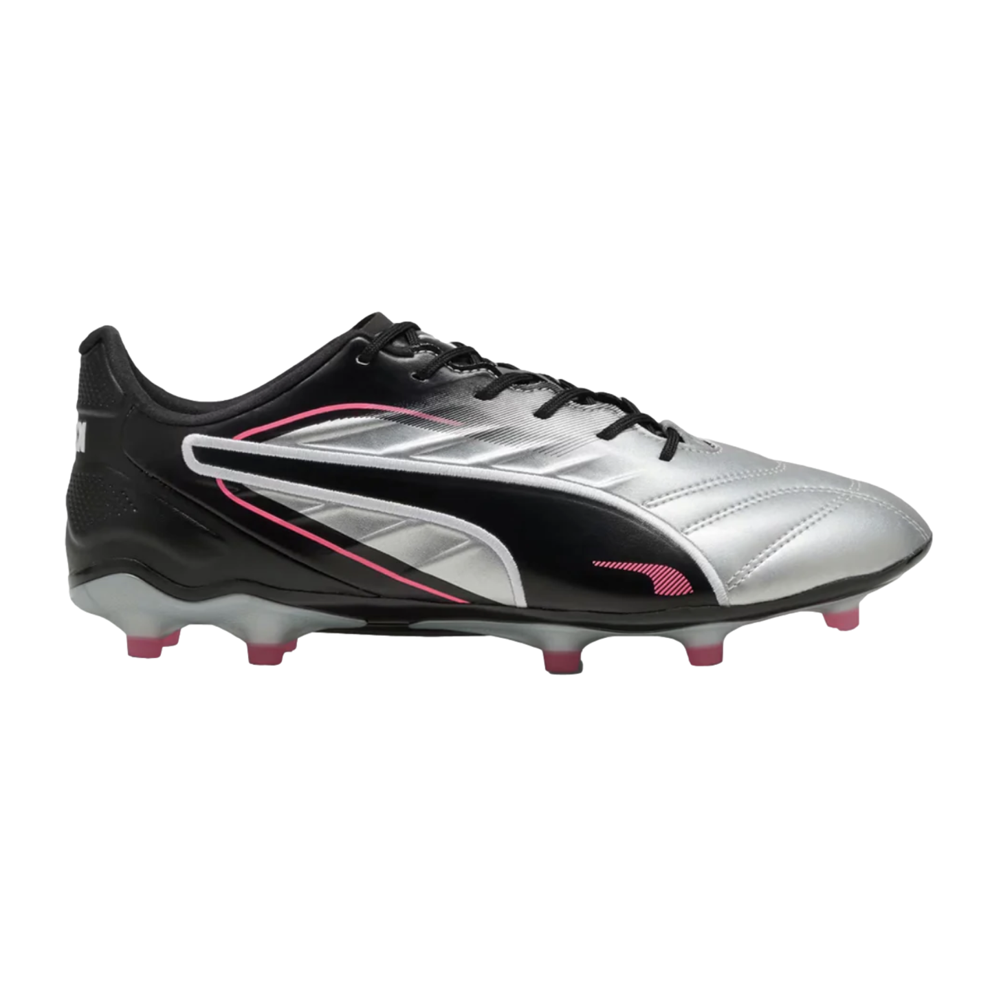 Side profile of a Puma soccer cleat in metallic silver and black with pink accents and pink-tipped studs, set against a solid black background.