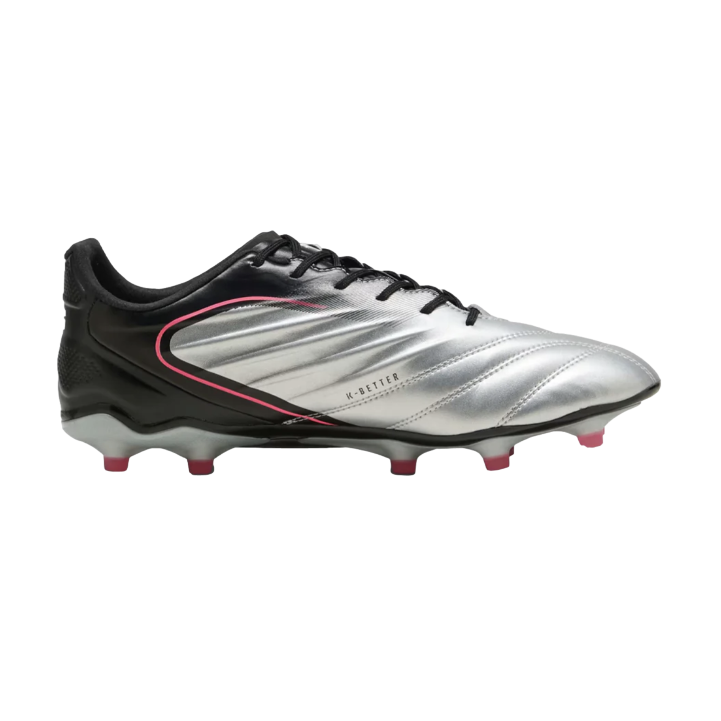 Profile view of a silver and black soccer cleat with pink accents. The silver upper has diagonal grooves and 'K-BETTER' text, with pink-tipped studs on the sole.
