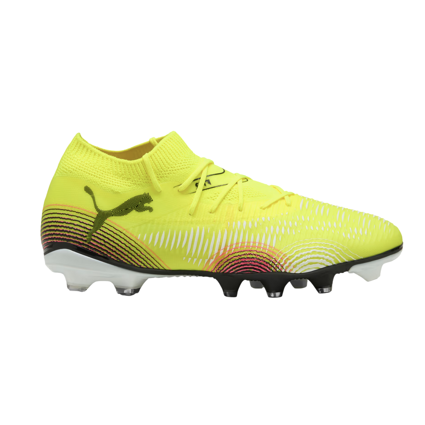 Neon yellow Puma soccer cleat with black and pink graphic patterns on the side and a white-studded soleplate.