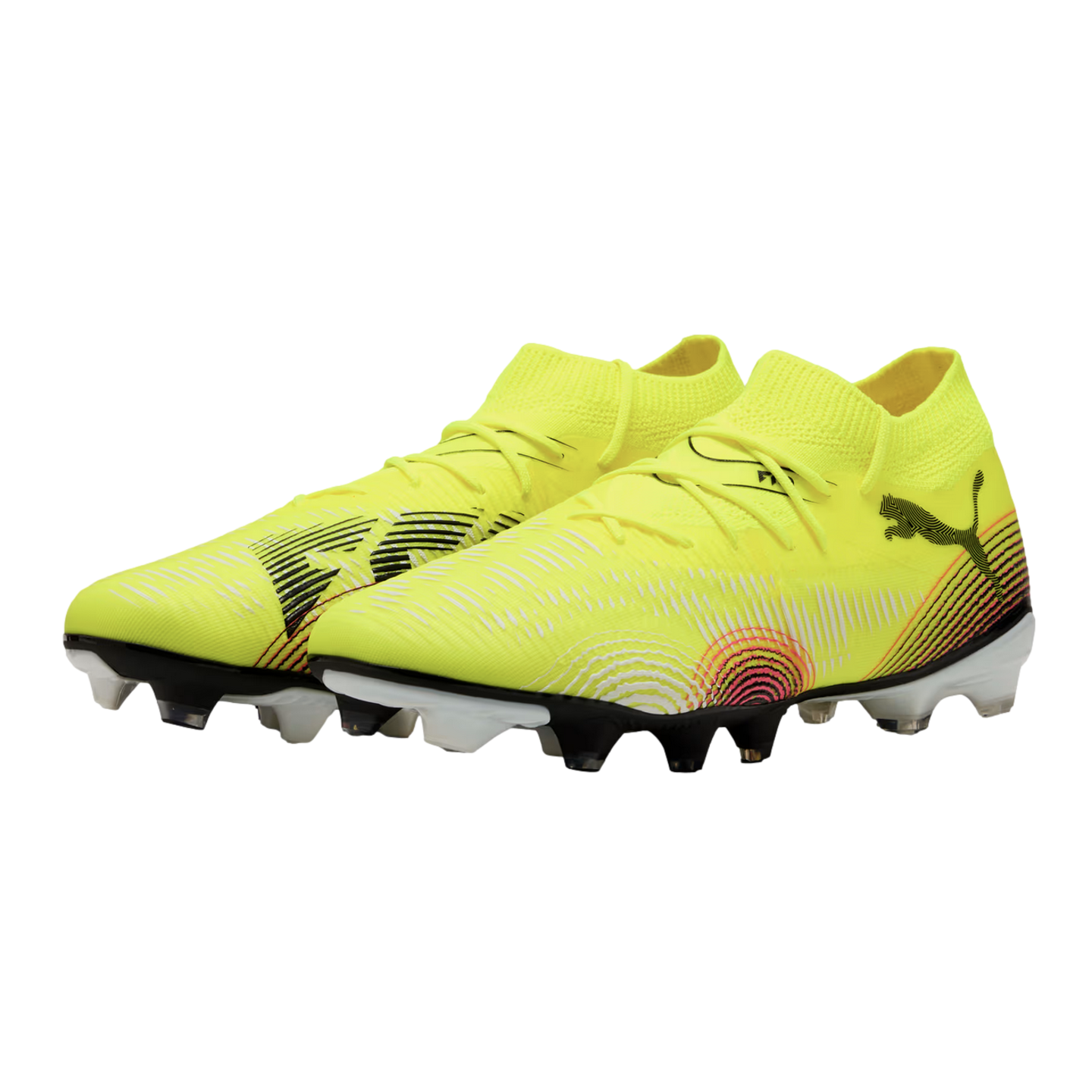 Pair of neon yellow Puma soccer cleats with black and white patterns and a pink circular graphic, set against a solid black background.