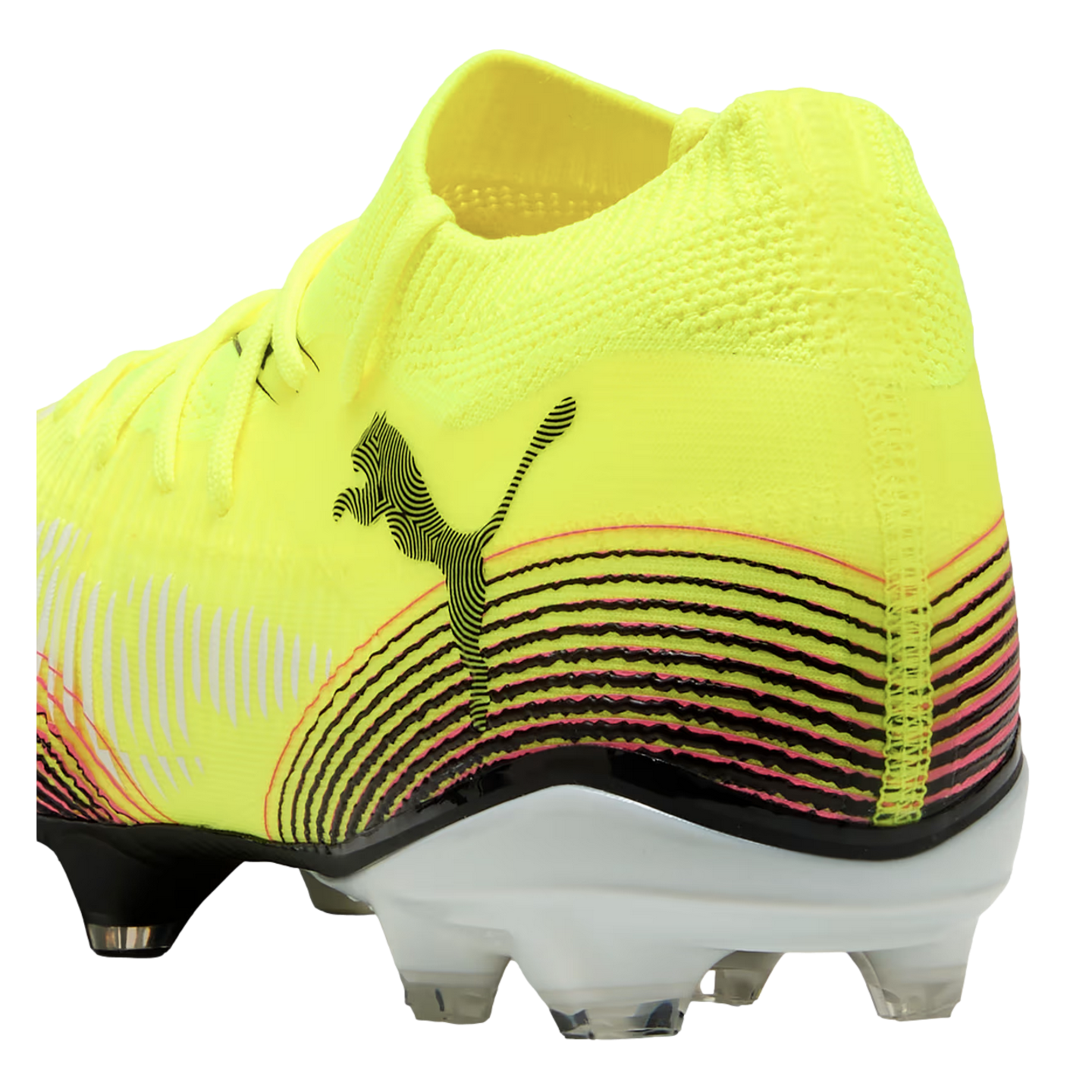 Rear side view of a neon yellow Puma soccer cleat featuring a black cat logo, curved pink and black stripes, and a white sole with clear studs.