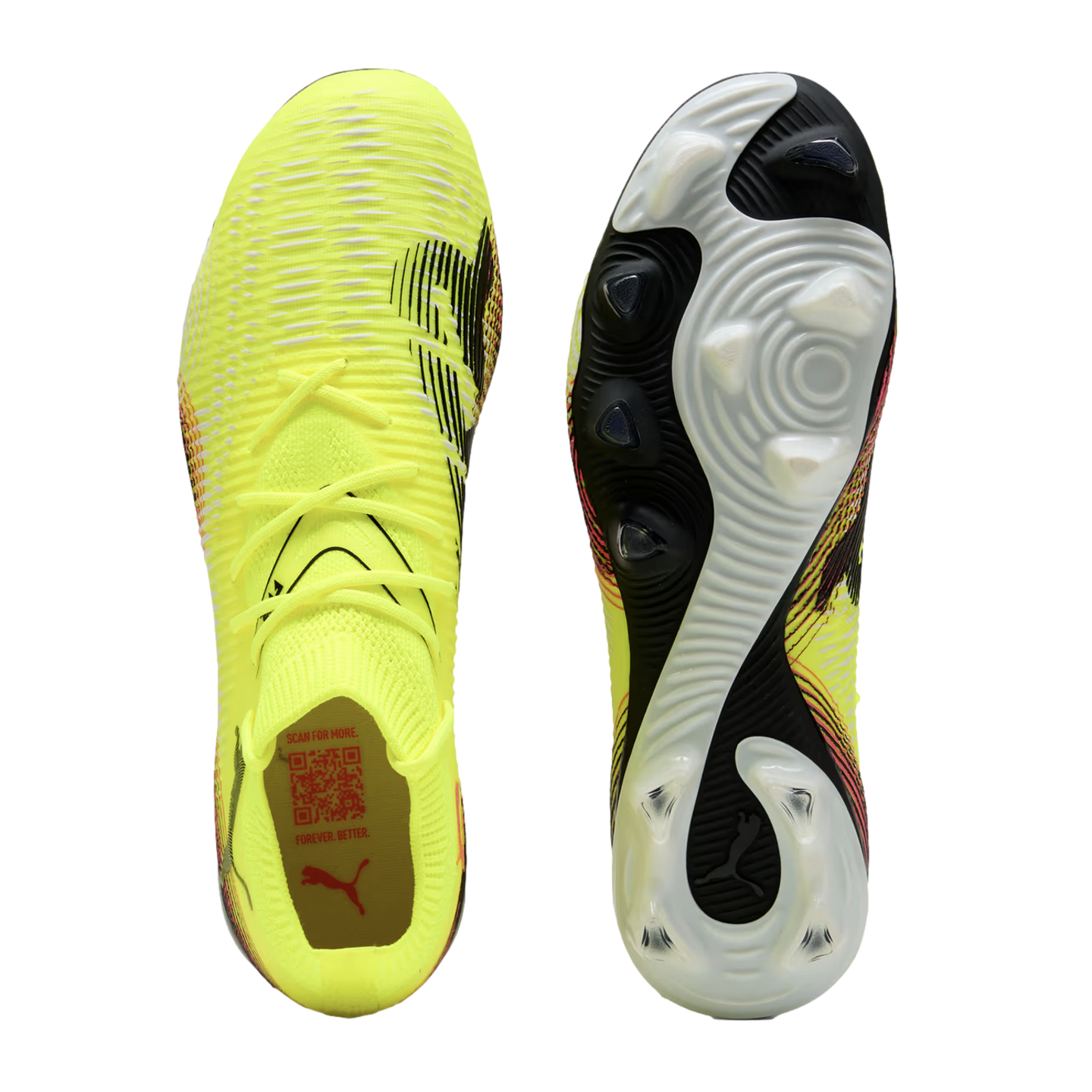 Top and bottom views of neon yellow PUMA soccer cleats with black accents and a white and black patterned sole, set against a black background.