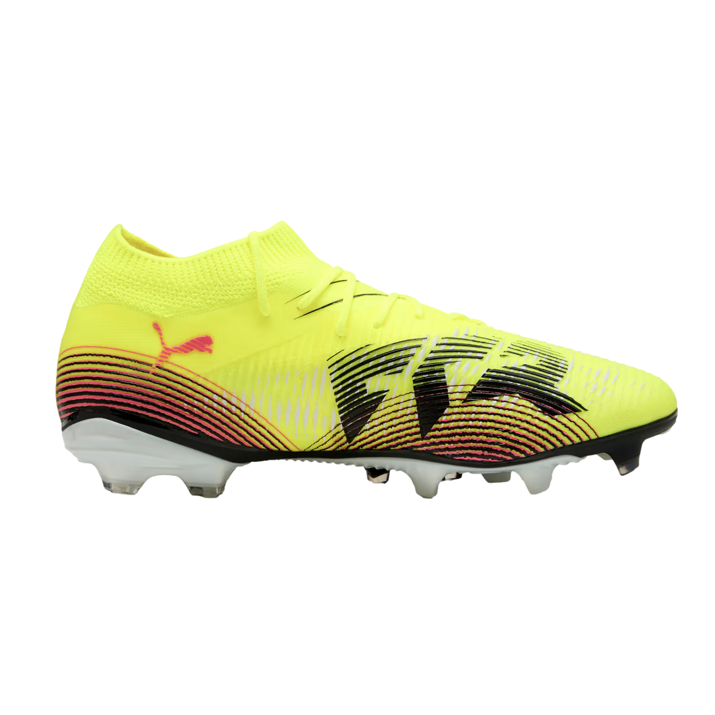 A side-profile view of a neon yellow Puma soccer cleat with black and pink graphic accents and white studs, set against a solid black background.