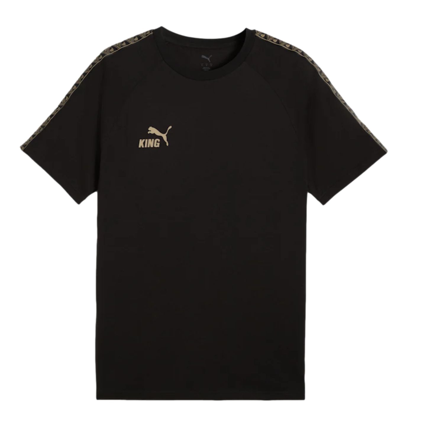 A black short-sleeved Puma t-shirt featuring a gold "KING" logo on the left chest and patterned decorative trim running along the shoulders and sleeves.