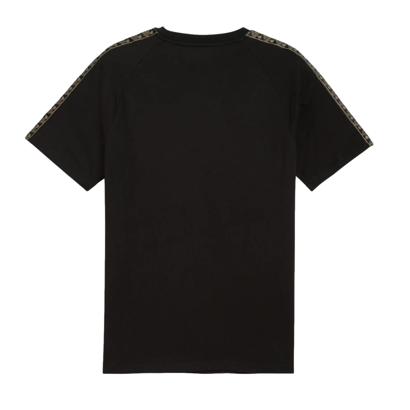 Back view of a black short-sleeved t-shirt with gold patterned tape along the shoulders and sleeves.