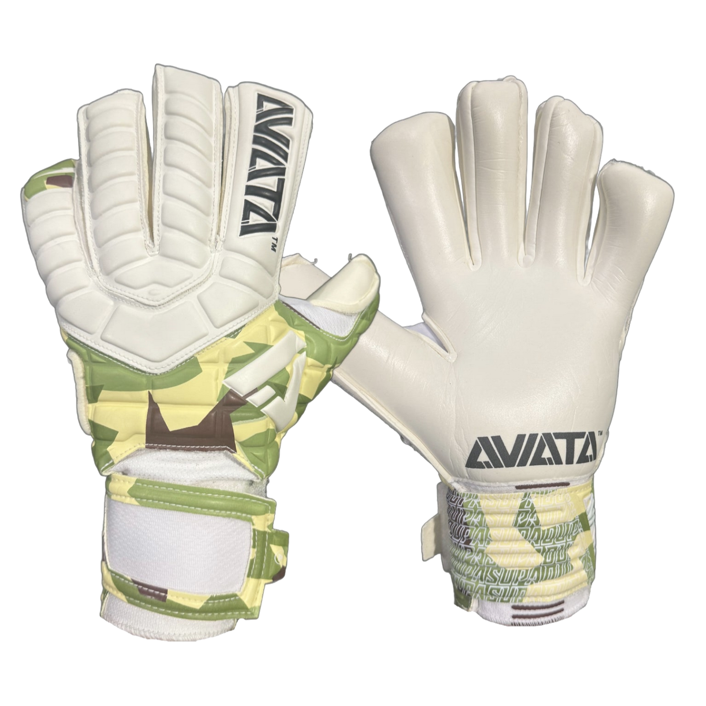 Front and back views of white Aviata soccer goalkeeper gloves with green and yellow camouflage accents on the wrist straps and backhand.
