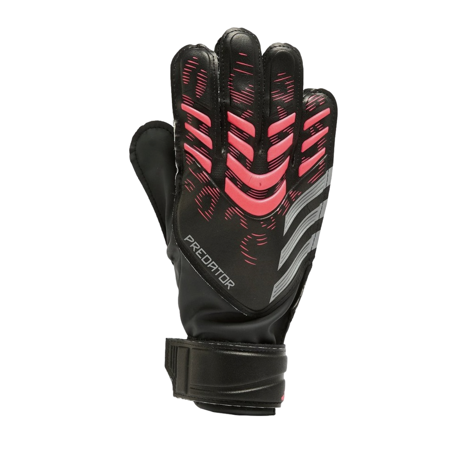 Black Adidas Predator goalkeeper glove featuring pink textured accents, grey side stripes, and an adjustable wrist strap, set against a black background.