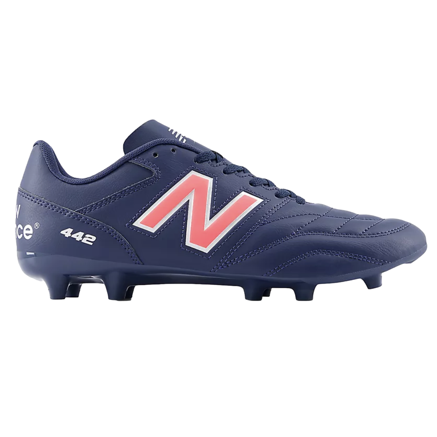 A navy blue New Balance 442 soccer cleat with a large pink and white 'N' logo on the side, shown in profile against a black background.