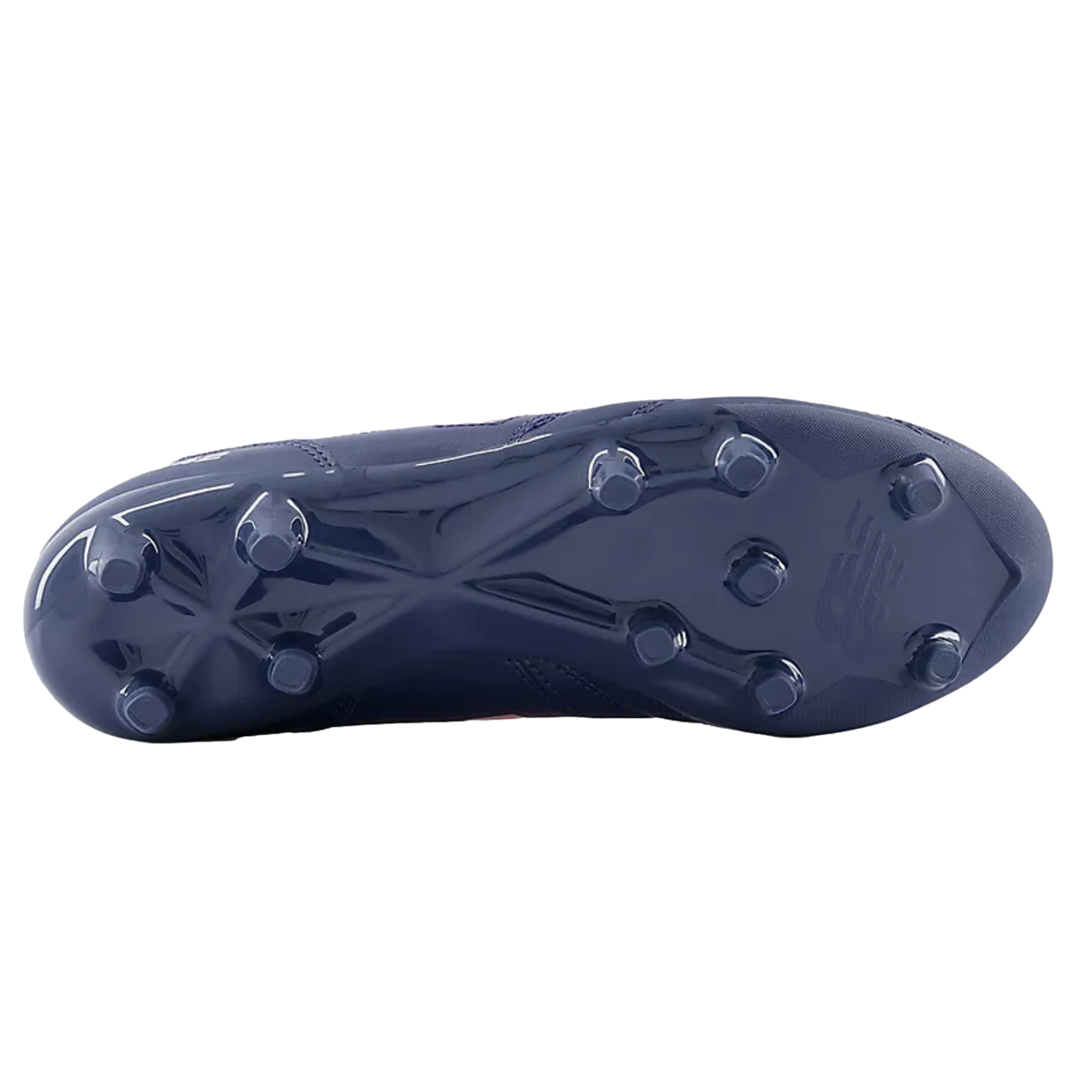 A bottom view of a navy blue New Balance soccer cleat showing the stud pattern and glossy sole.