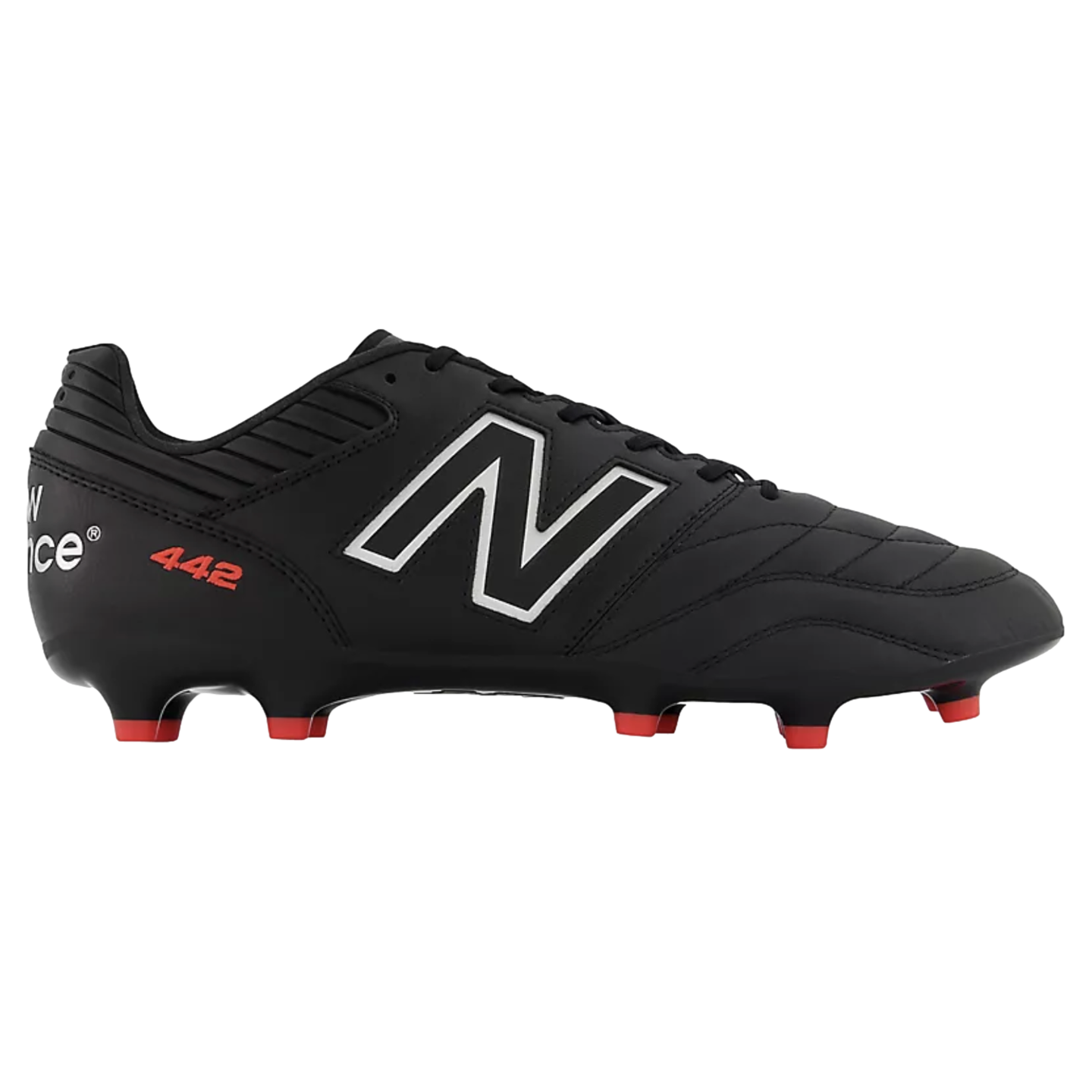 Side profile of a black New Balance 442 soccer cleat with a white logo and red accents on the studs and model name, set against a black background.