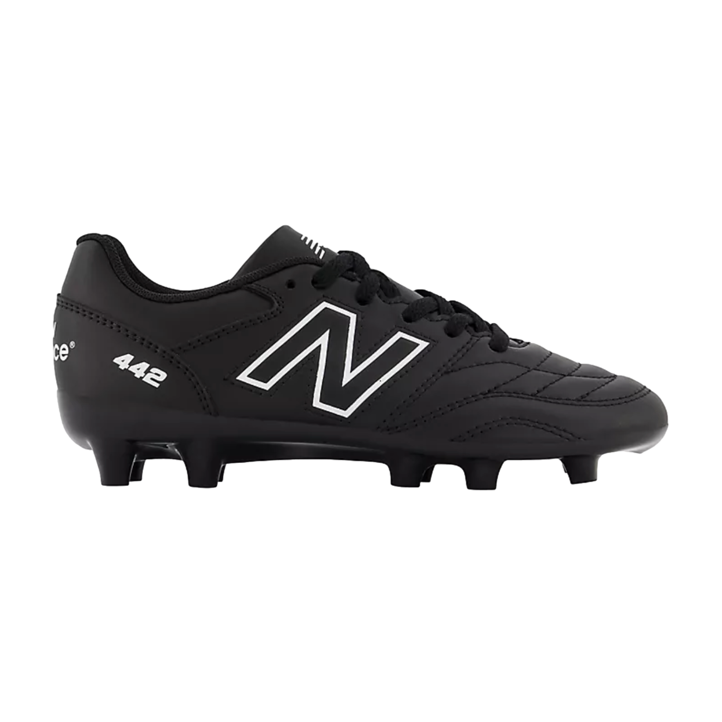 A profile view of a black New Balance 442 soccer cleat featuring a white "N" logo on the side and "442" branding on the heel, isolated against a solid black background.