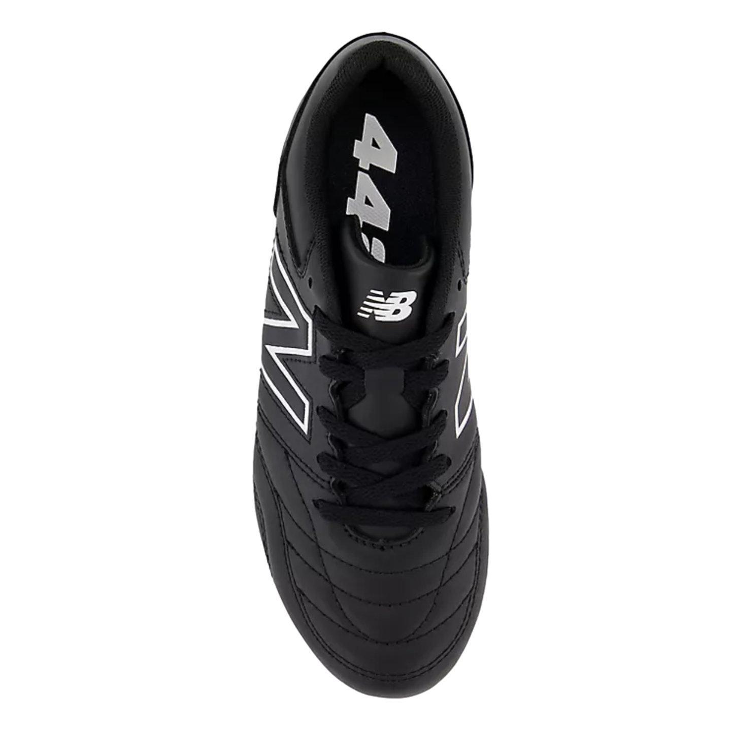 Top-down view of a black New Balance 442 soccer cleat with white branding and black laces, set against a solid black background.