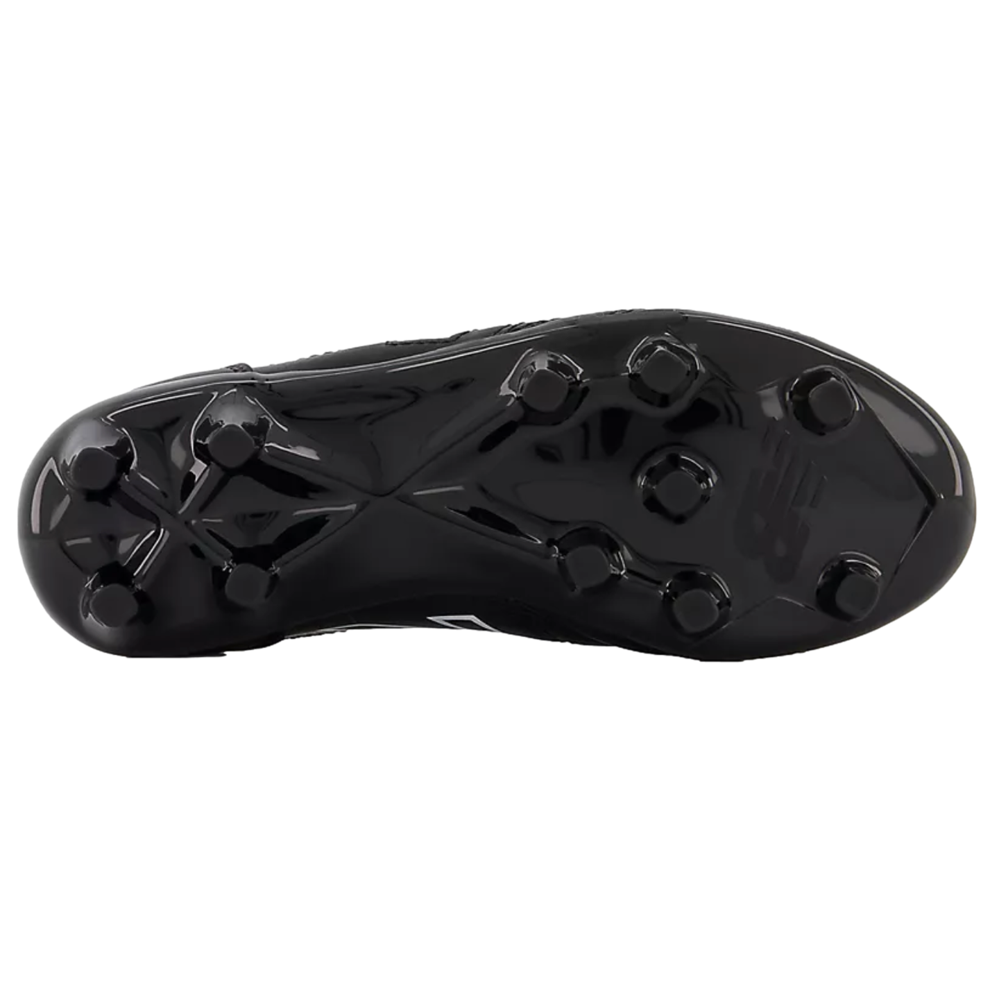 Glossy black New Balance soccer cleat shown from the bottom, highlighting the soleplate and conical stud pattern against a black background.