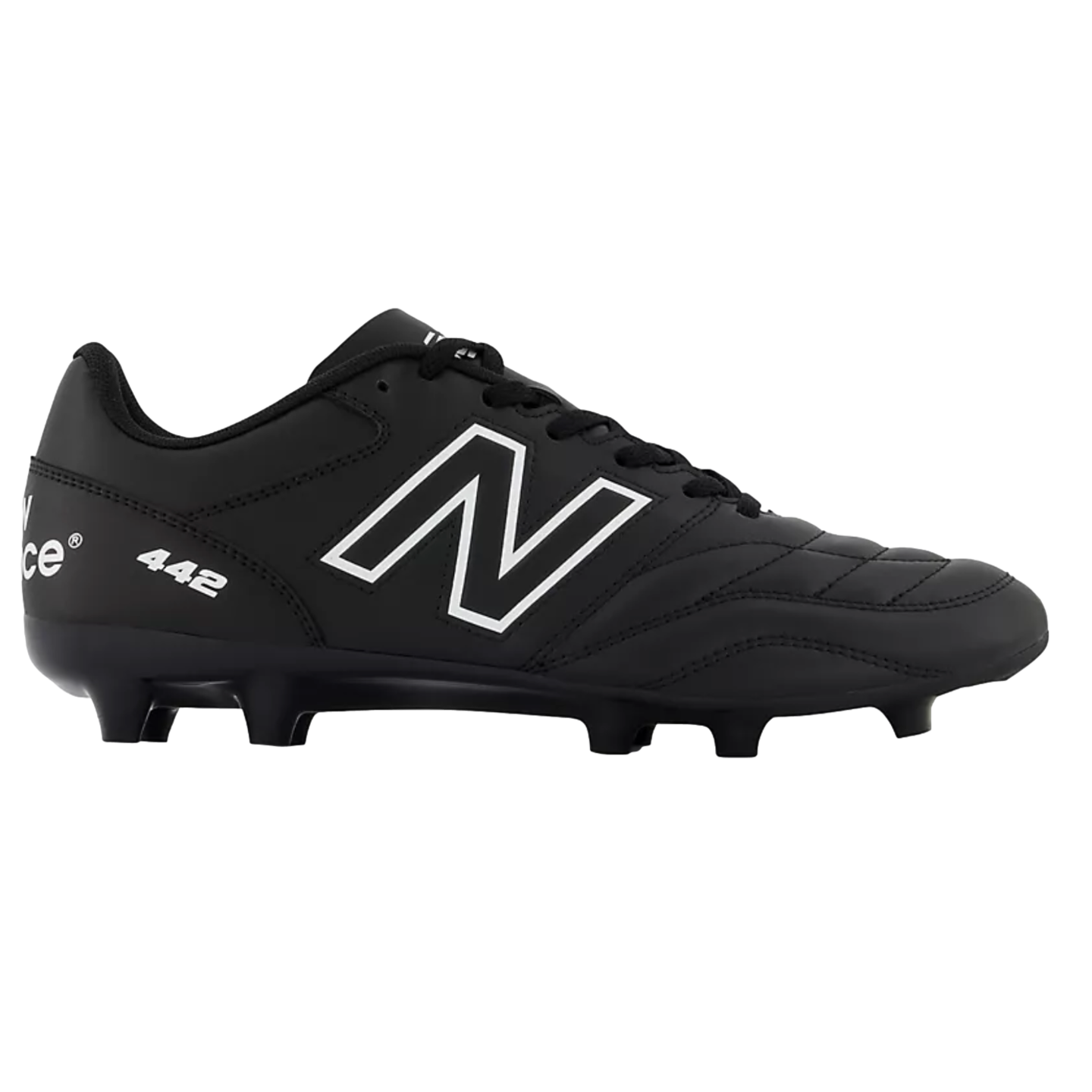 A side view of a black New Balance 442 soccer cleat against a black background, featuring a large white 'N' logo and '442' text near the heel.