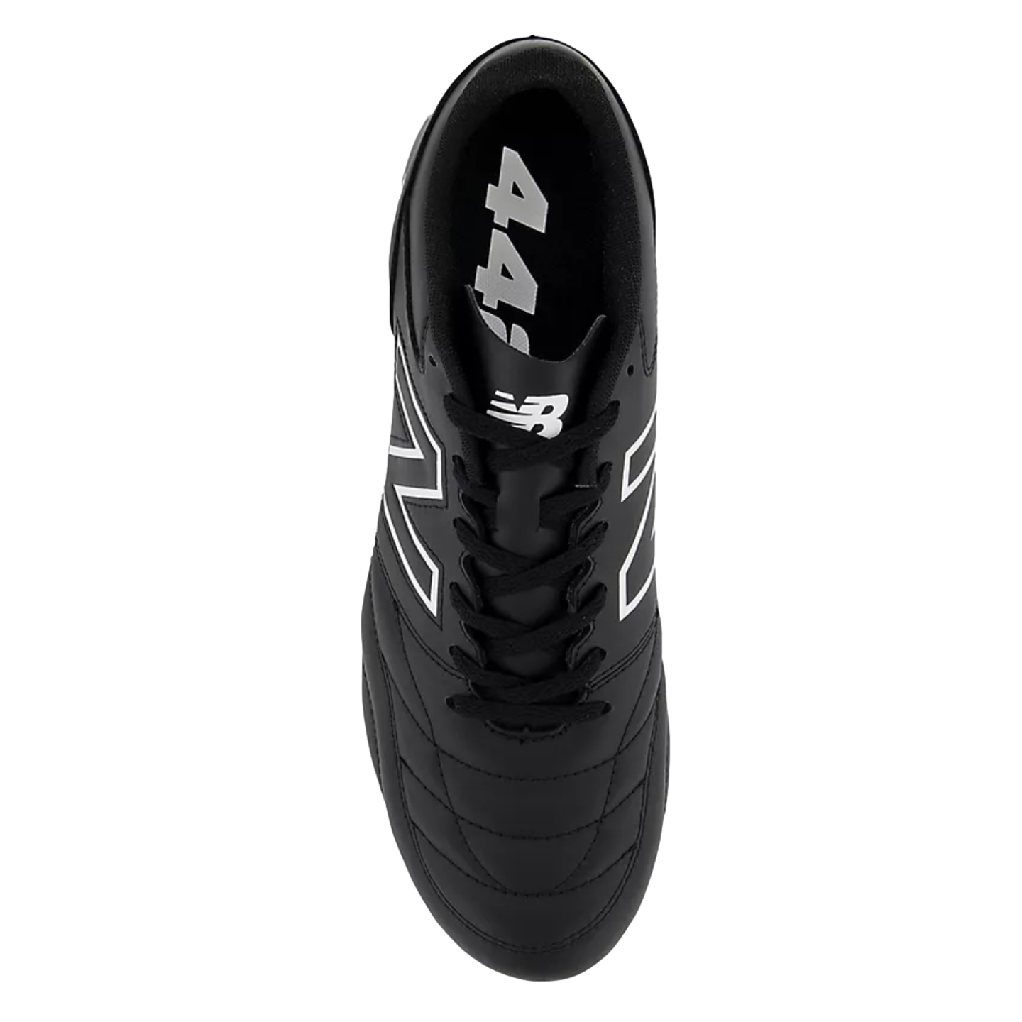 Top-down view of a black New Balance athletic shoe with white logo outlines, black laces, a quilted toe box, and the number 442 on the insole.