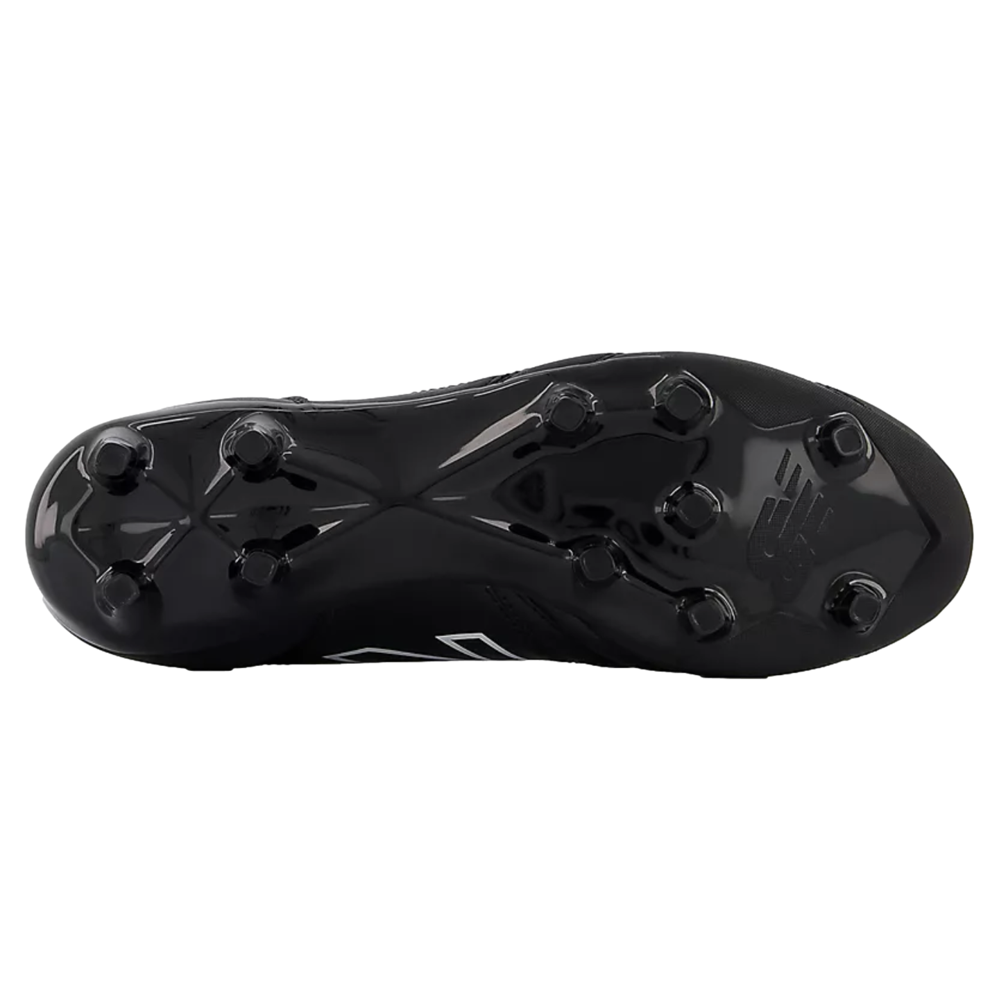 Bottom view of a glossy black New Balance soccer cleat, showing its studs and logo against a black background.