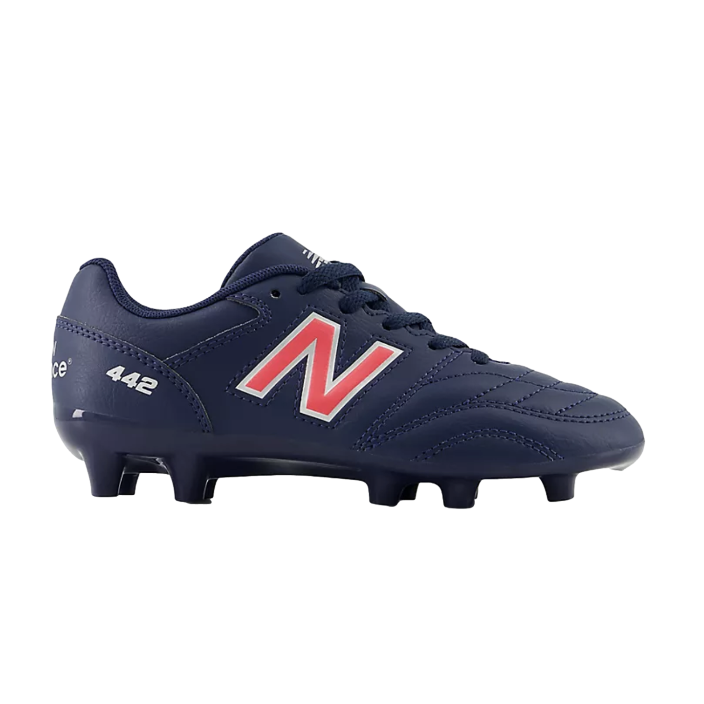Side profile of a navy blue New Balance 442 soccer cleat featuring a pink "N" logo with a white outline, set against a solid black background.