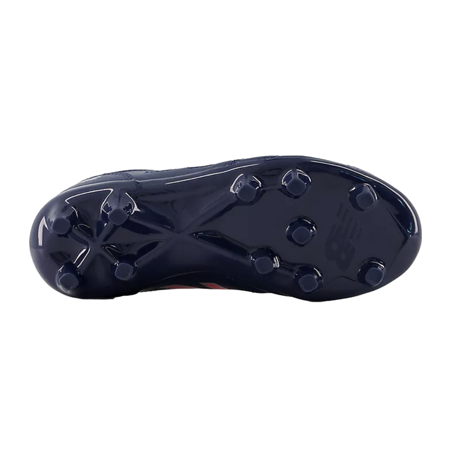Outsole view of a navy blue New Balance soccer cleat with round molded studs and a glossy finish.