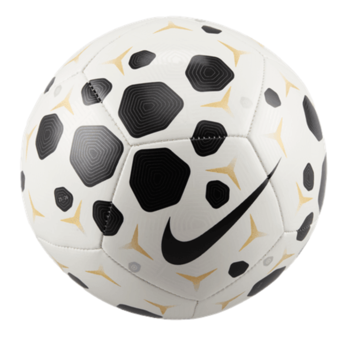 White Nike soccer ball with black irregular geometric patterns, gold star accents, and a large black swoosh, isolated on a solid black background.