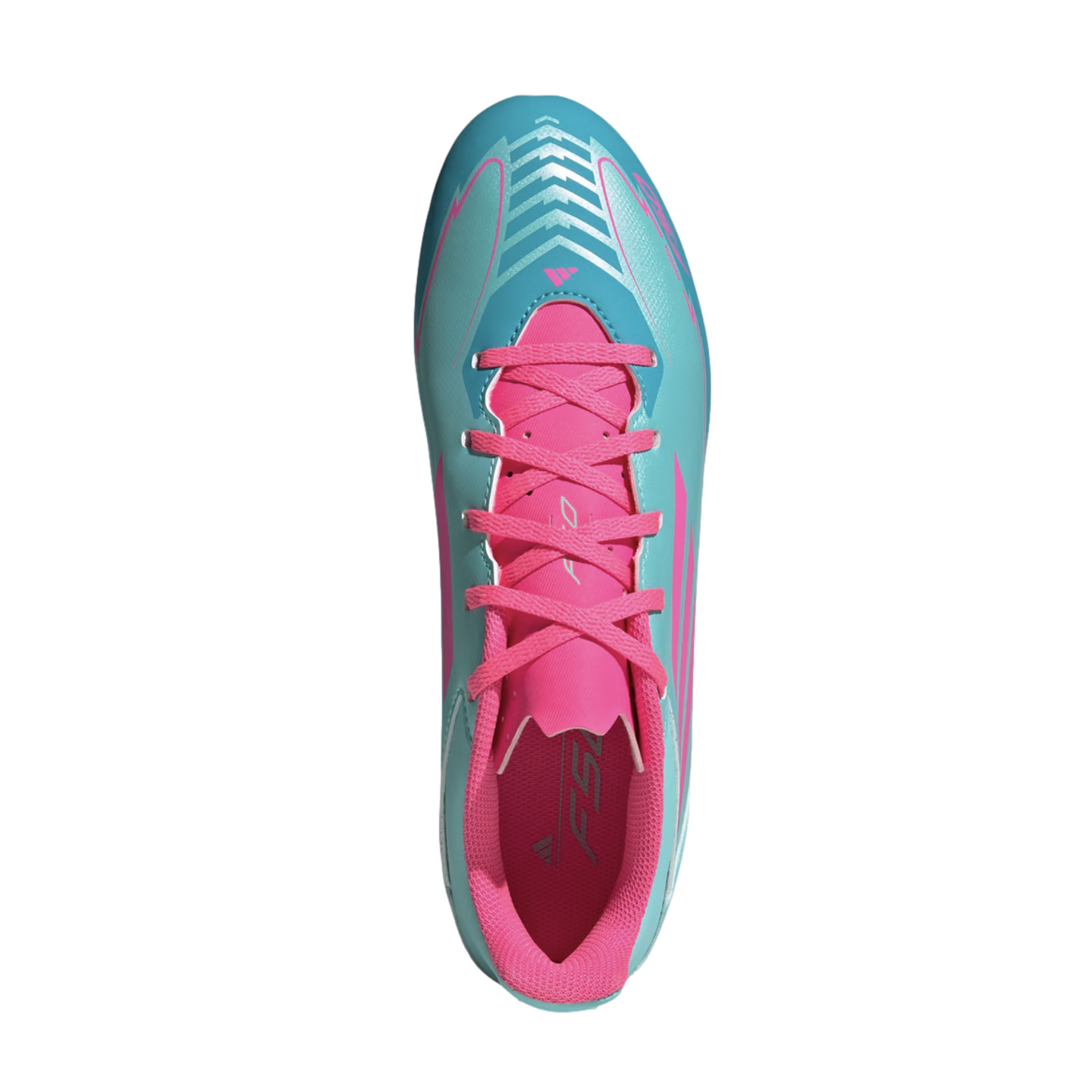 Top-down view of a light blue Adidas soccer cleat with vibrant pink laces and interior, centered against a solid black background.