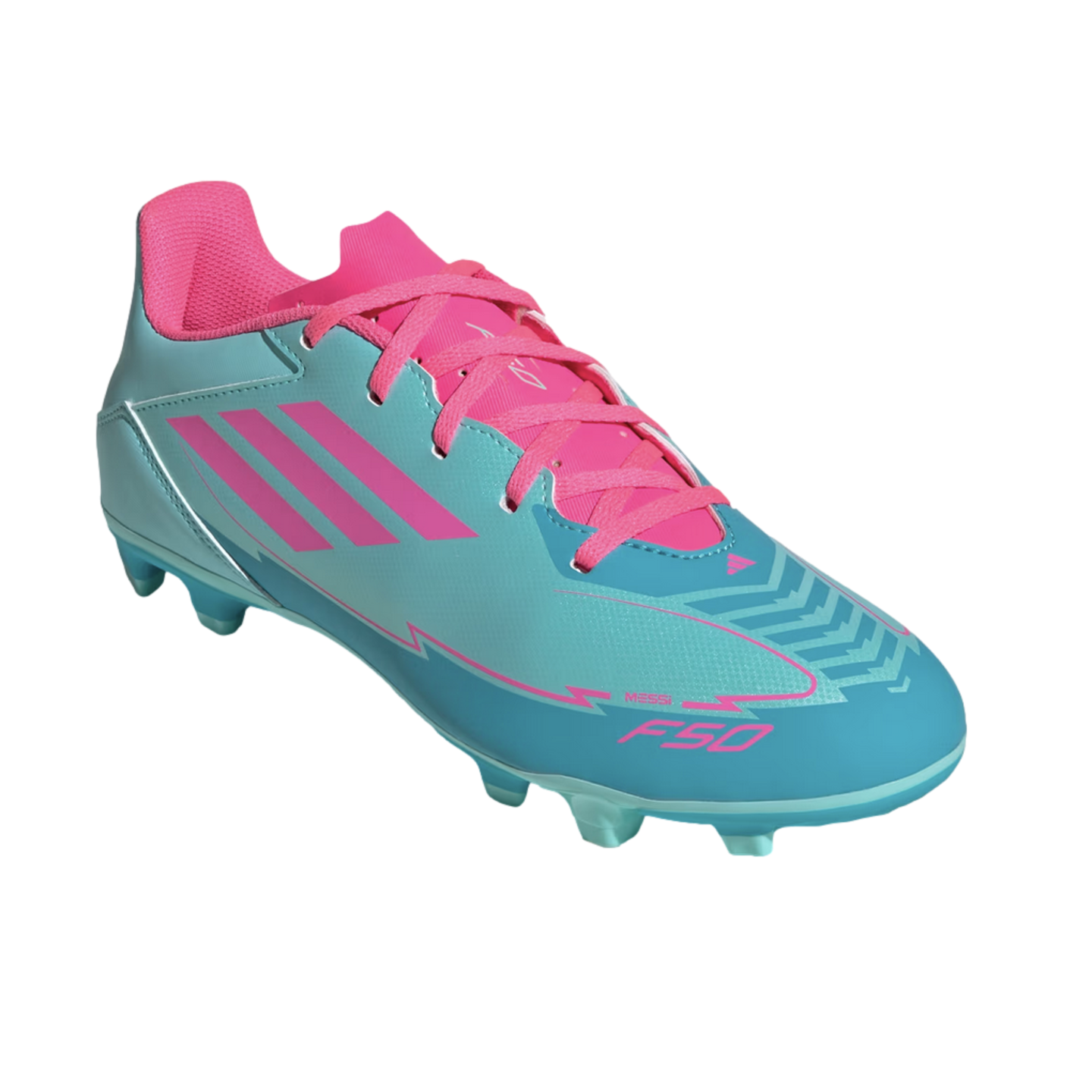 A light blue and pink Adidas F50 Messi soccer cleat against a black background.