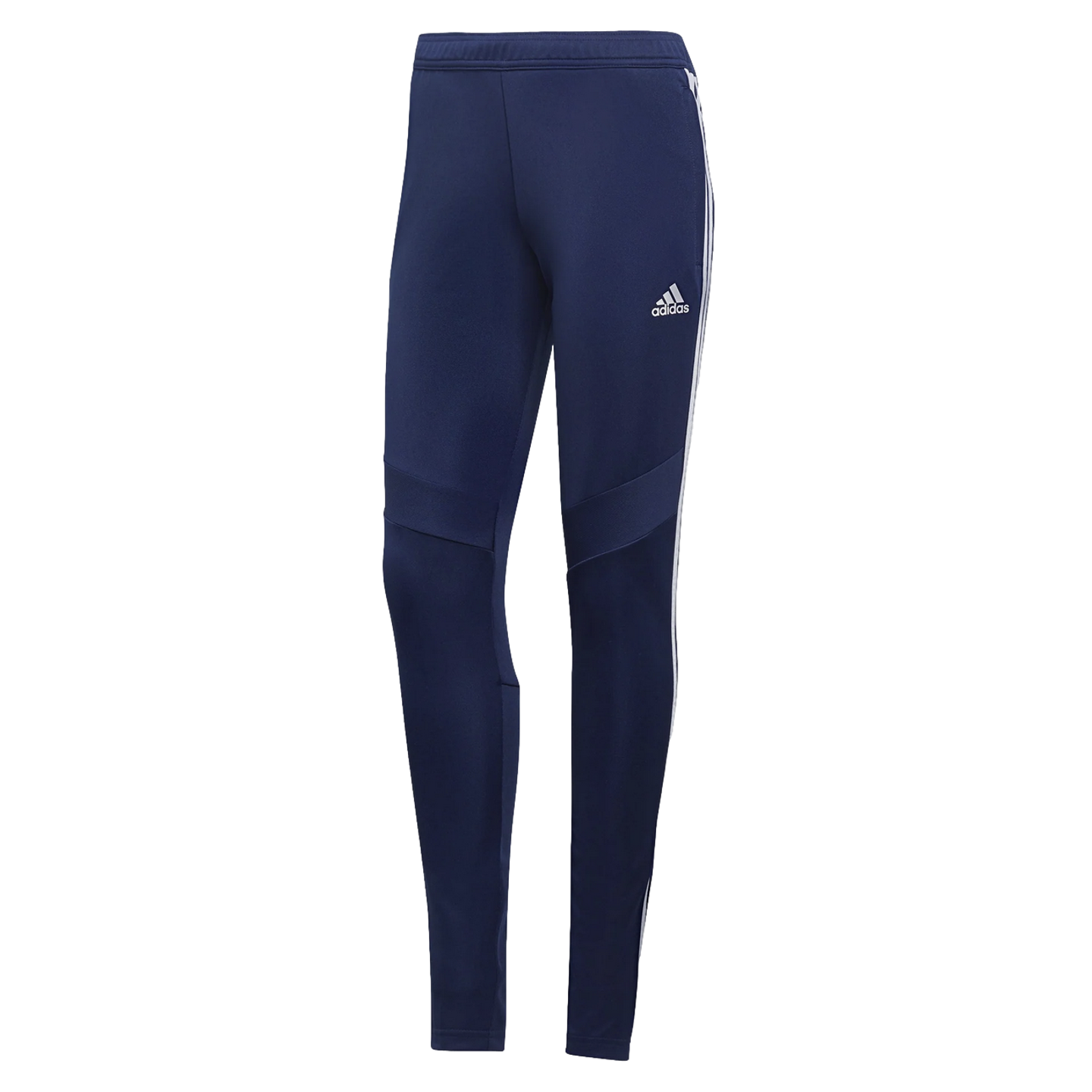 Navy blue Adidas track pants featuring white three-stripe detailing along the sides and a small white logo on the right thigh.