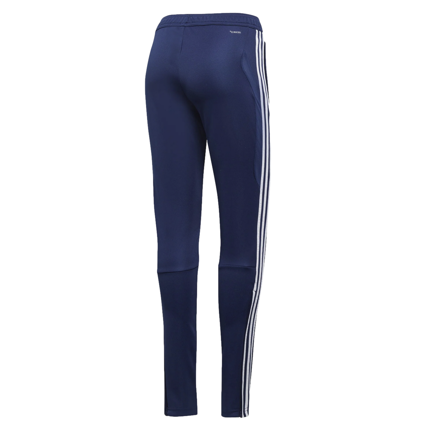 Rear view of navy blue training pants with three white side stripes and CLIMACOOL branding on a black background.