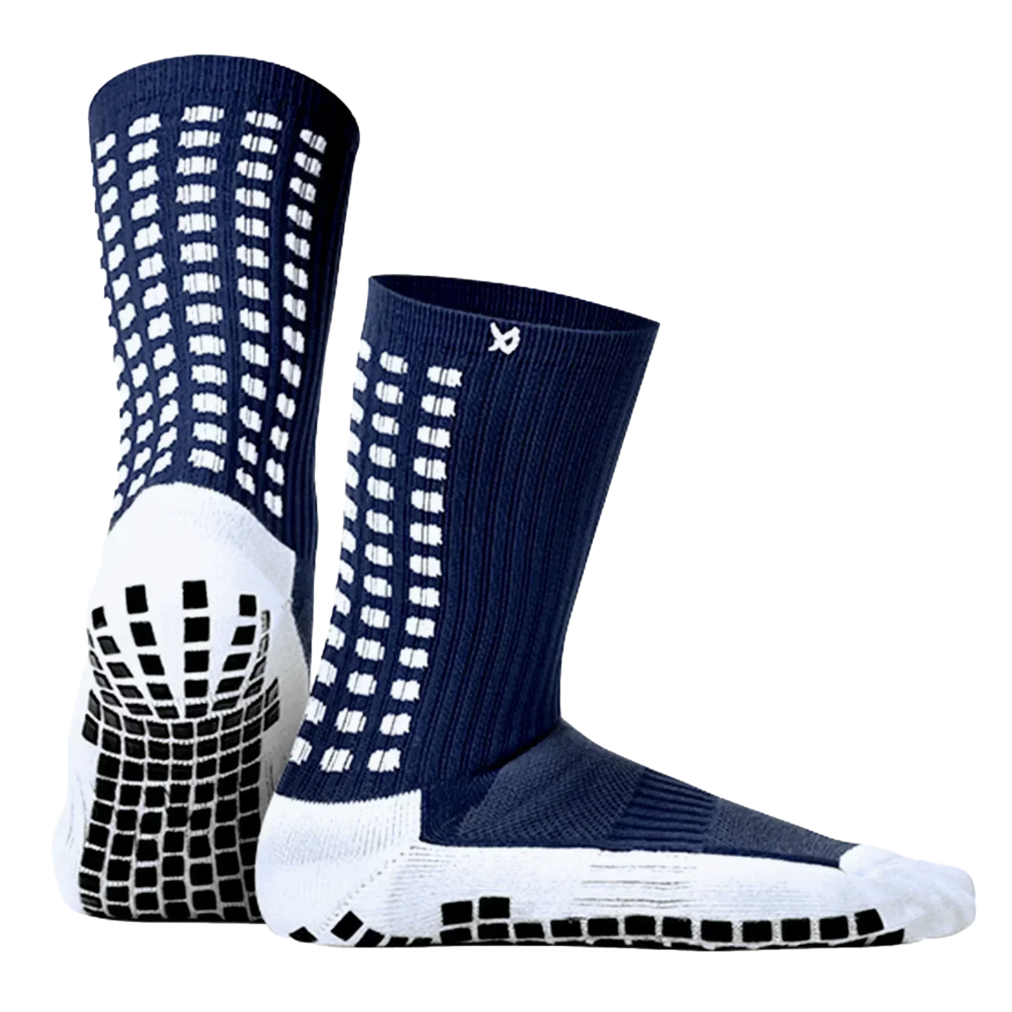 Pair of navy blue and white athletic grip socks with black non-slip pads on the soles, shown against a black background.