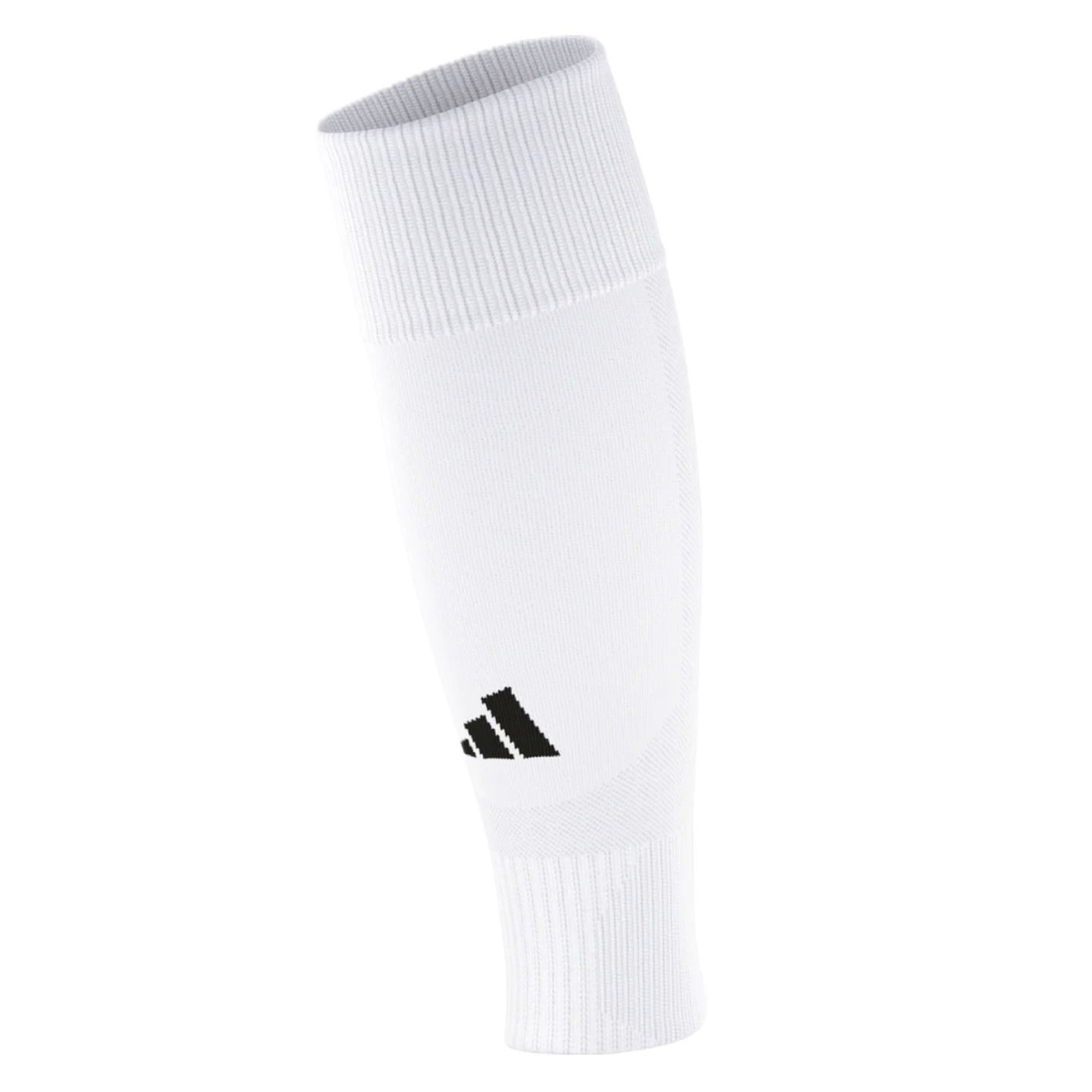 A white Adidas athletic leg sleeve with ribbed cuffs and a black logo, shown against a black background.