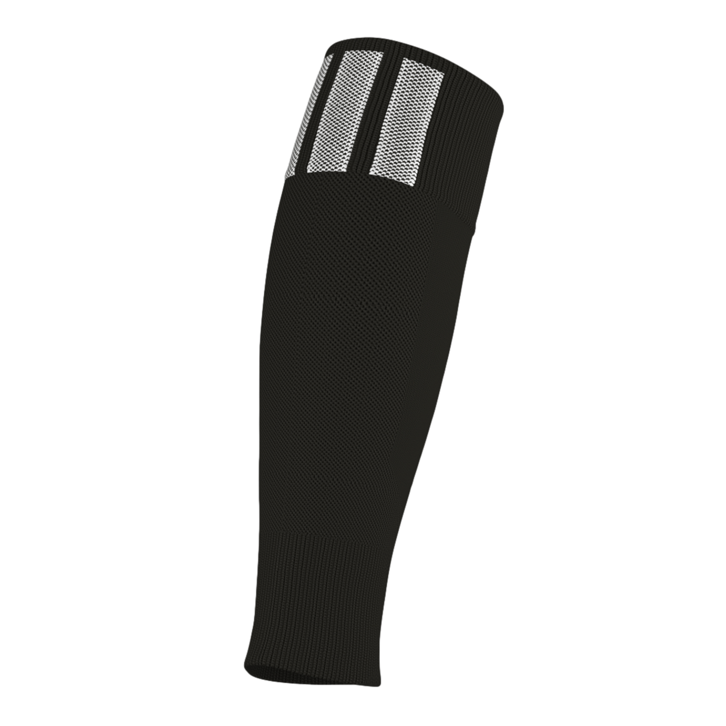 Black athletic calf sleeve with three vertical white stripes on the upper ribbed cuff.