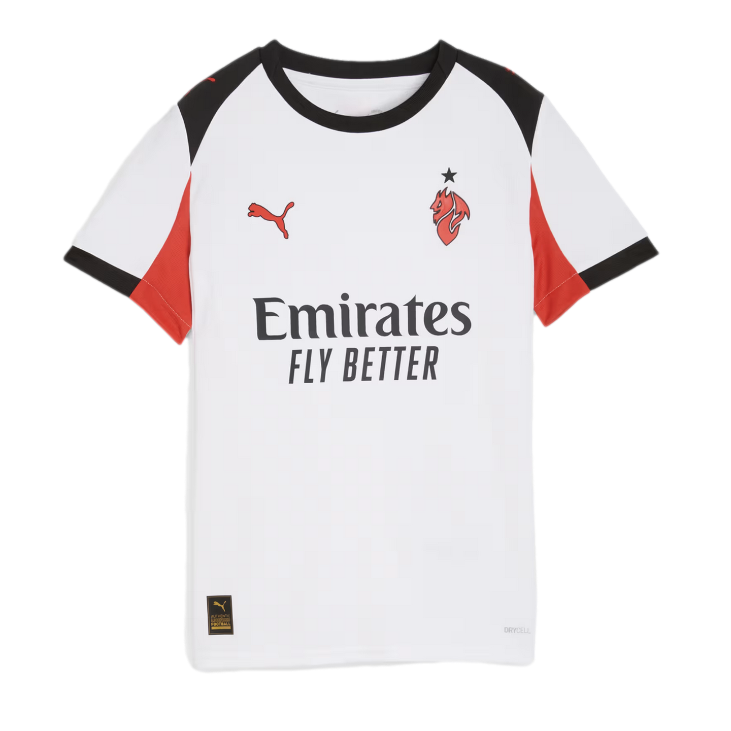 White Puma AC Milan football jersey with red and black sleeve details. Features the club crest, Puma logo, and "Emirates FLY BETTER" sponsor logo on the front.